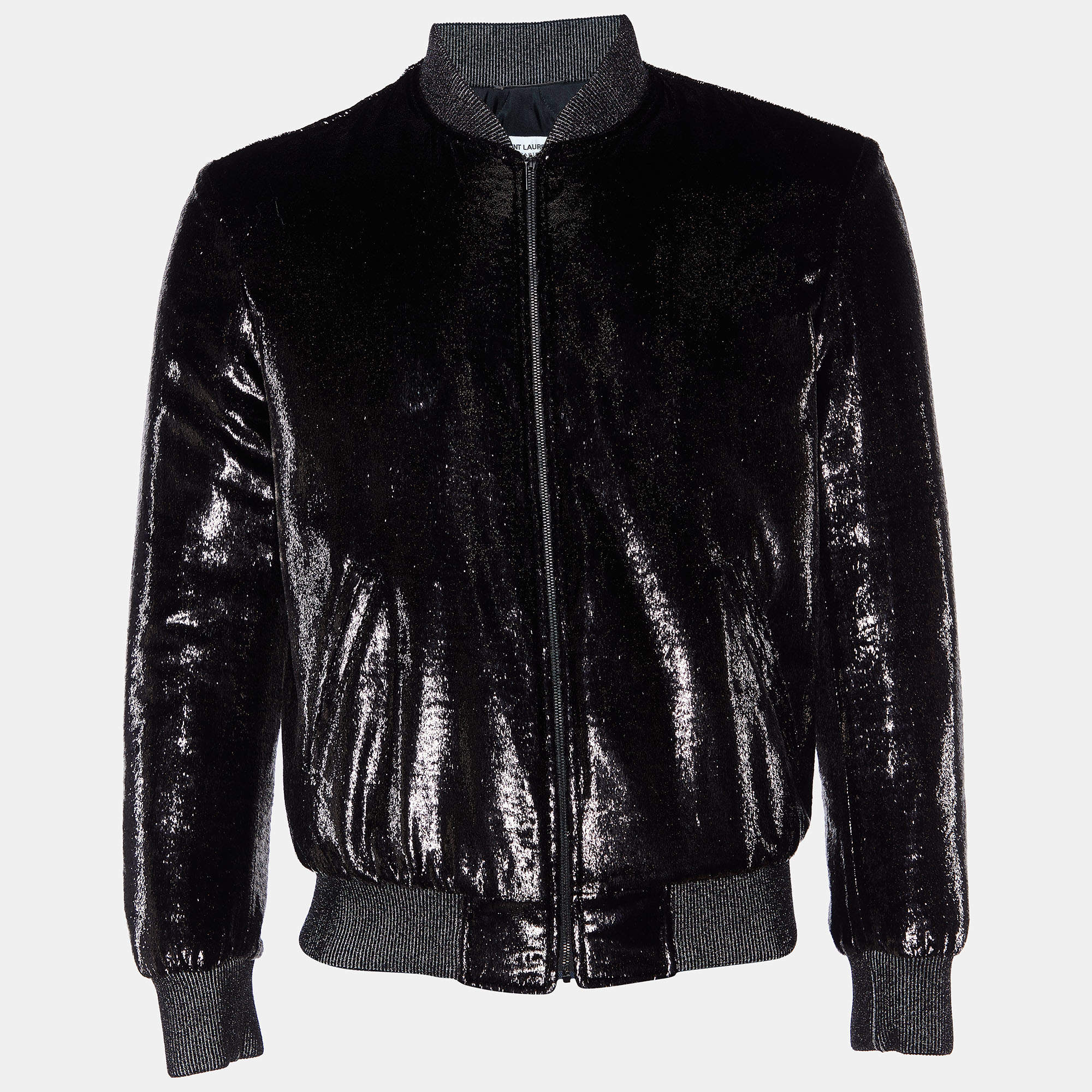 Pre Owned Saint Laurent Paris Black Metallic Lame Bomber Jacket M