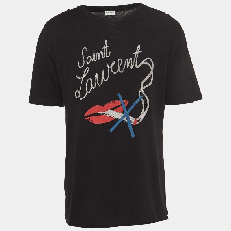 Saint Laurent Black Logo Print Cotton Half Sleeve T-Shirt M