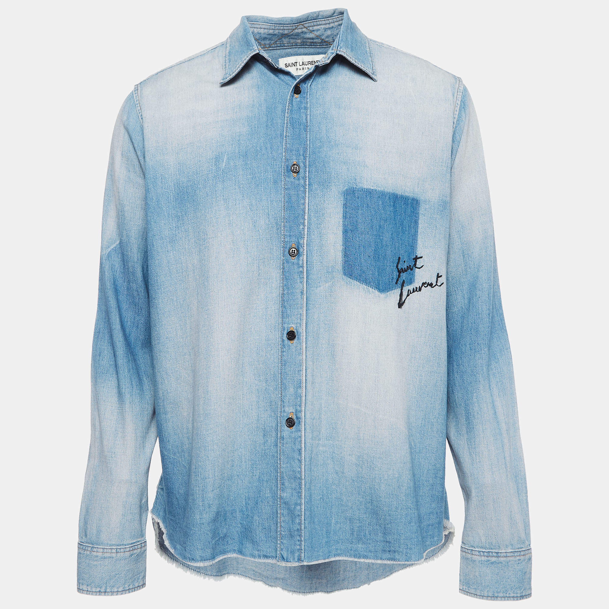 Saint Laurent Paris Blue Washed Logo Embroidered Button Front Shirt L