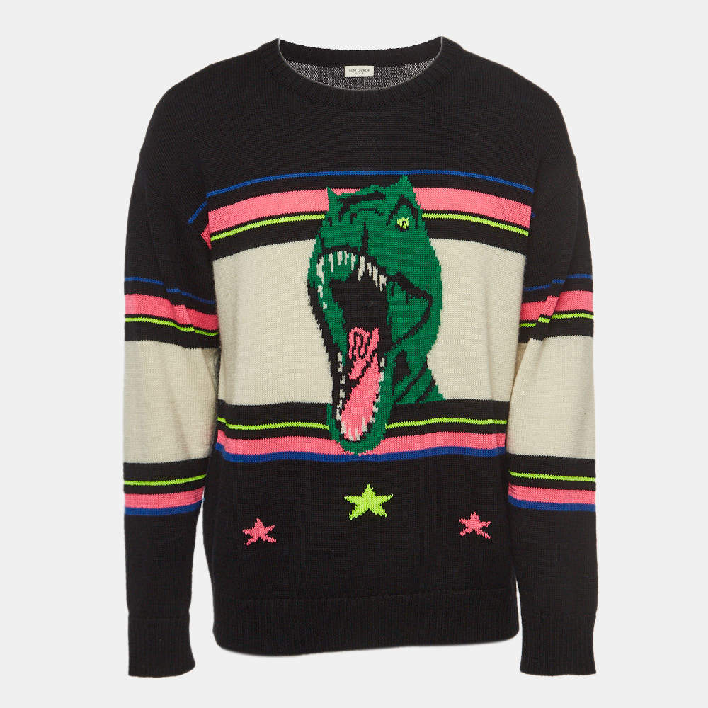Saint Laurent Black/Multicolor Dinosaur Intarsia Wool Sweater XL