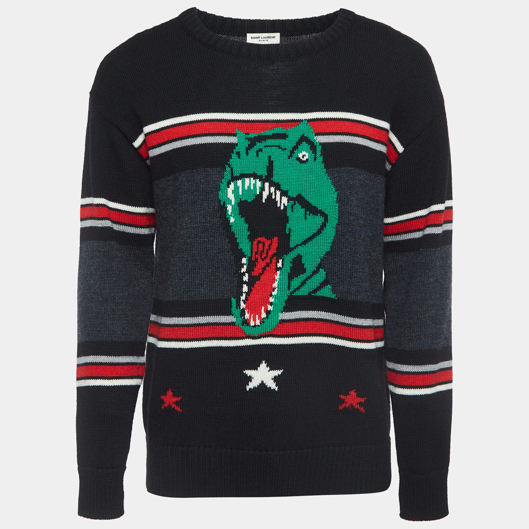 Saint Laurent Black Dinosaur Striped Wool Knit Sweater M