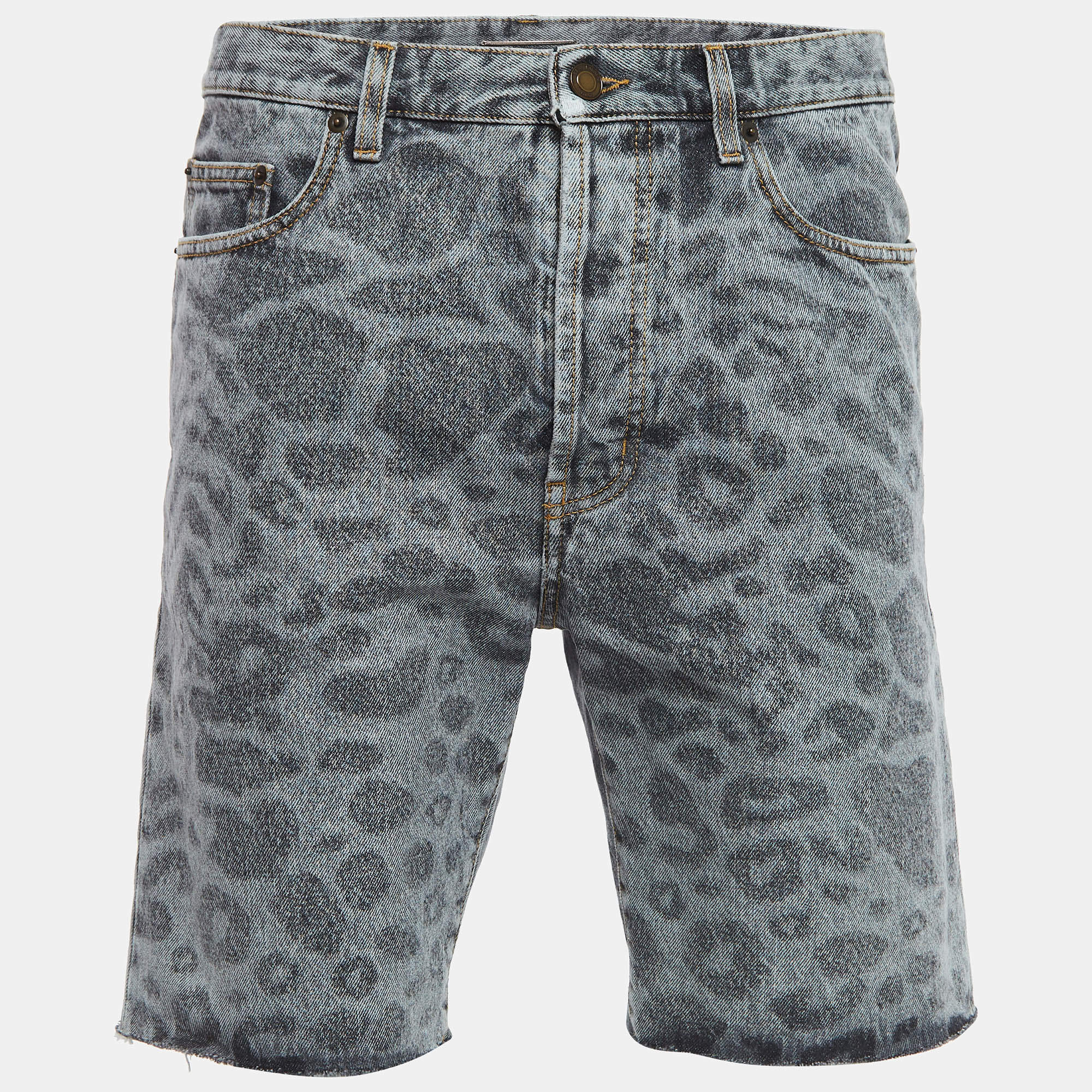 Saint Laurent Paris Grey Leopard Print Denim Shorts M Waist 32''