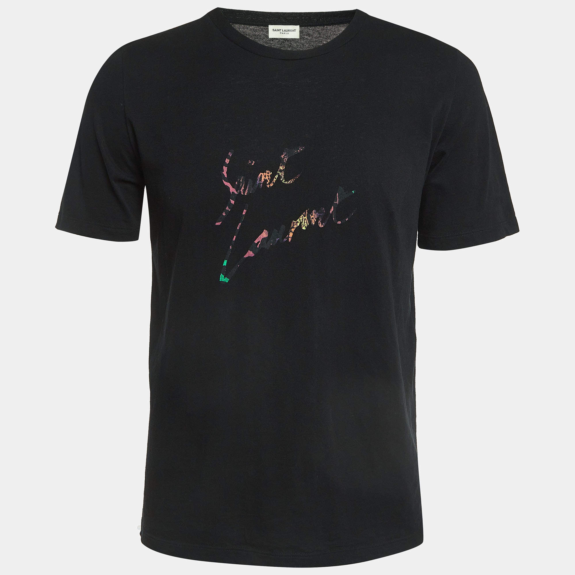 Pre Owned Saint Laurent Paris Logo Print Cotton Raw Back Hem T-Shirt S