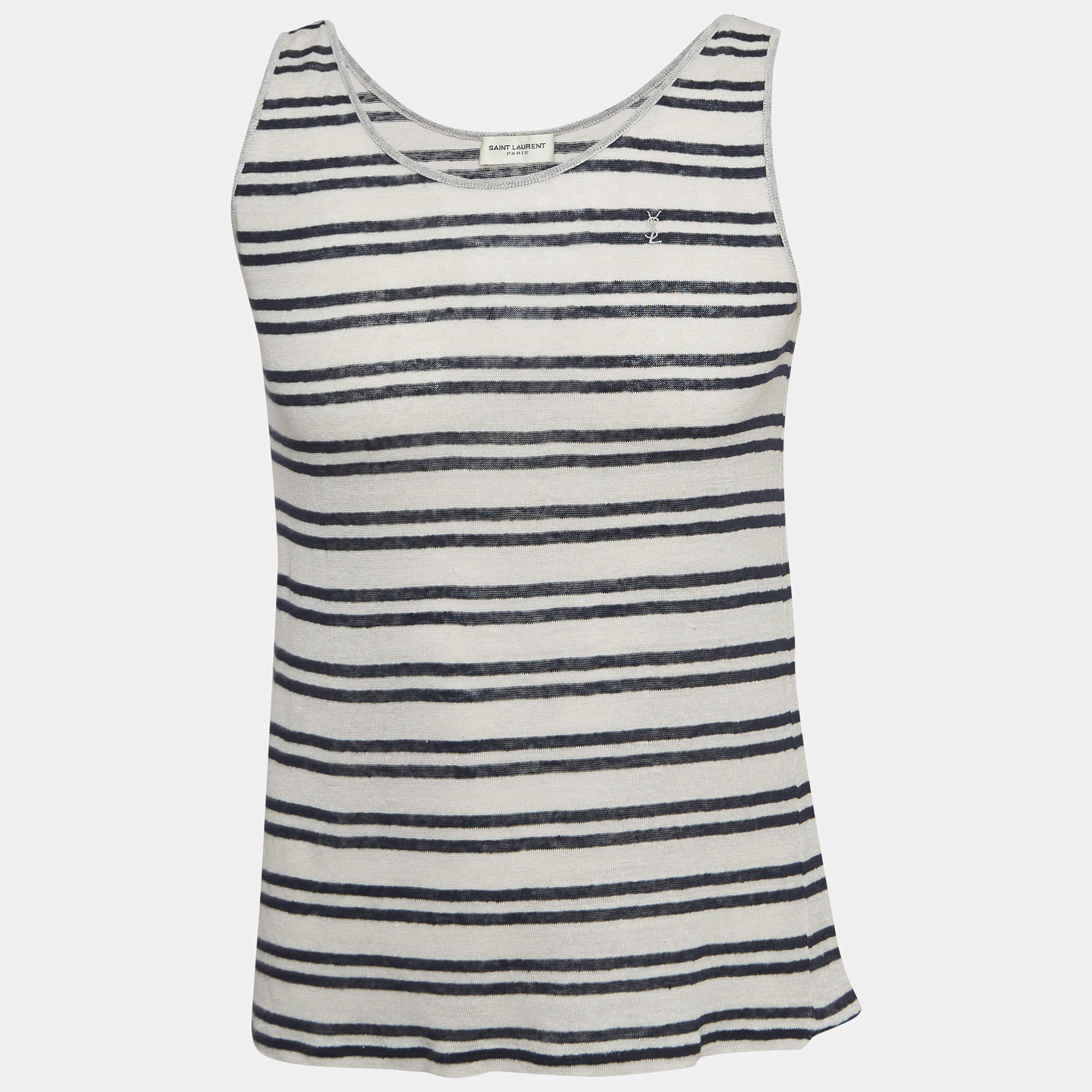 Pre Owned Saint Laurent Grey Striped Linen Jersey Tank T-Shirt S