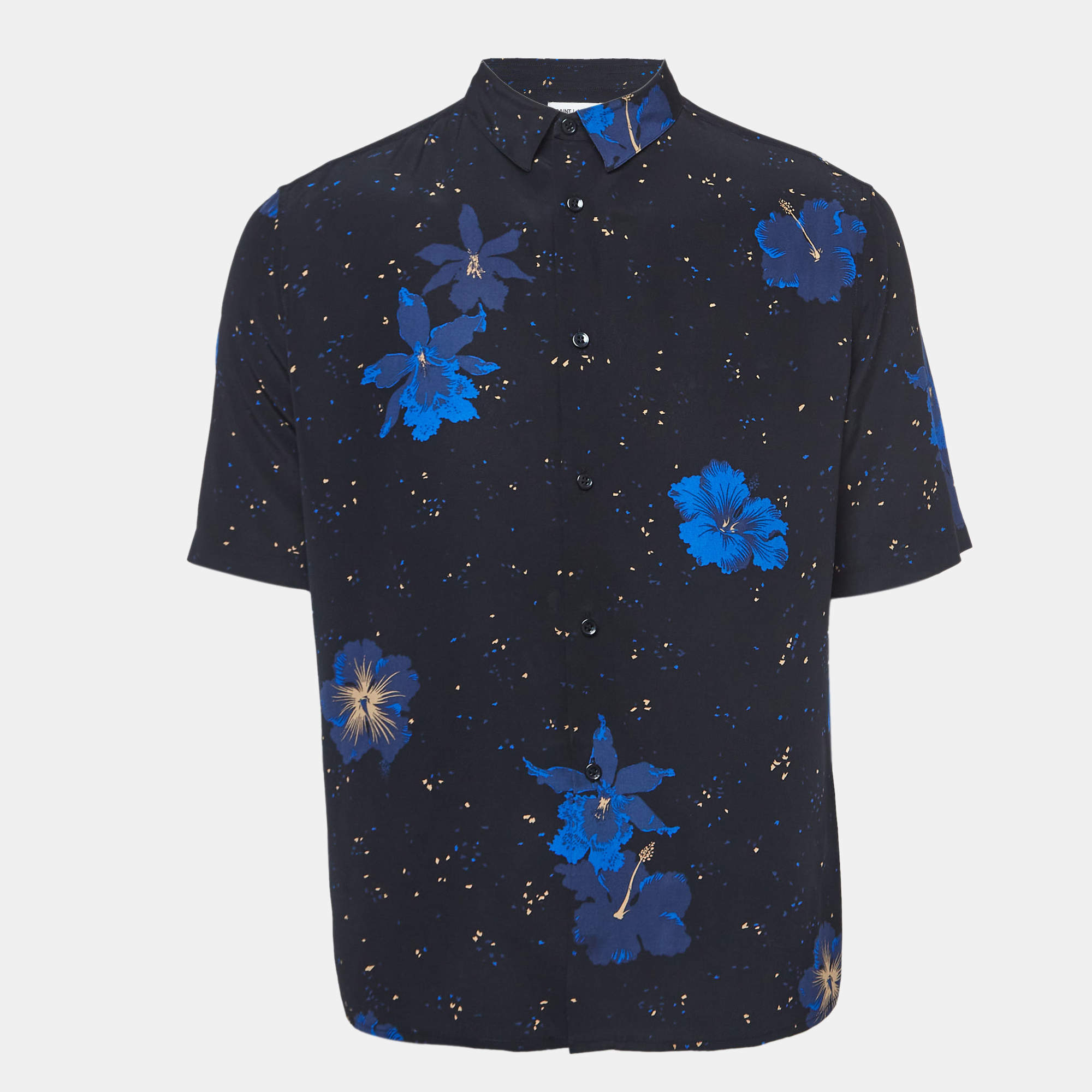Pre Owned Saint Laurent Paris Noir Blue Confetti Hibiscus Silk Shirt M