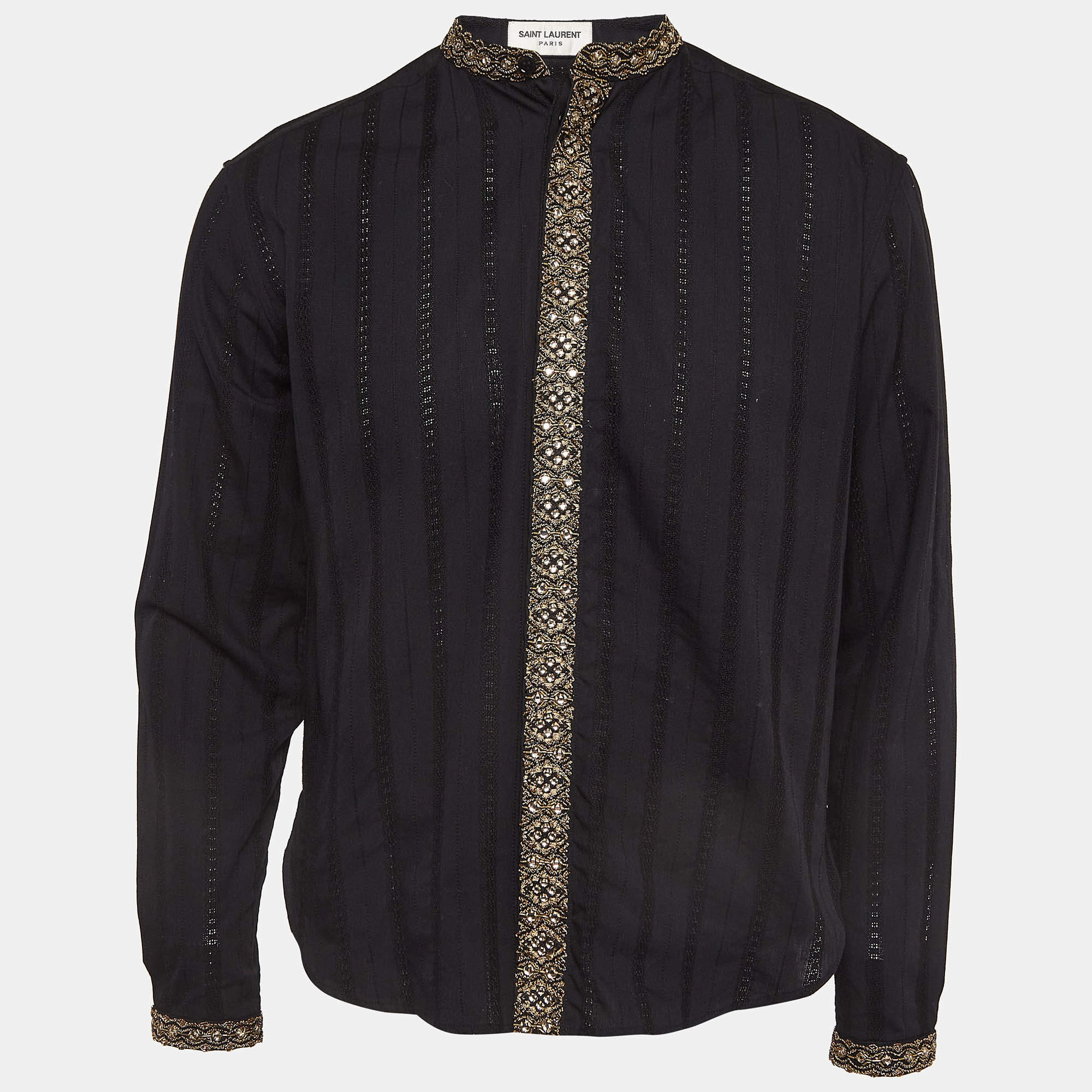 Pre Owned Saint Laurent Black Striped Cotton Embellished Shirt M