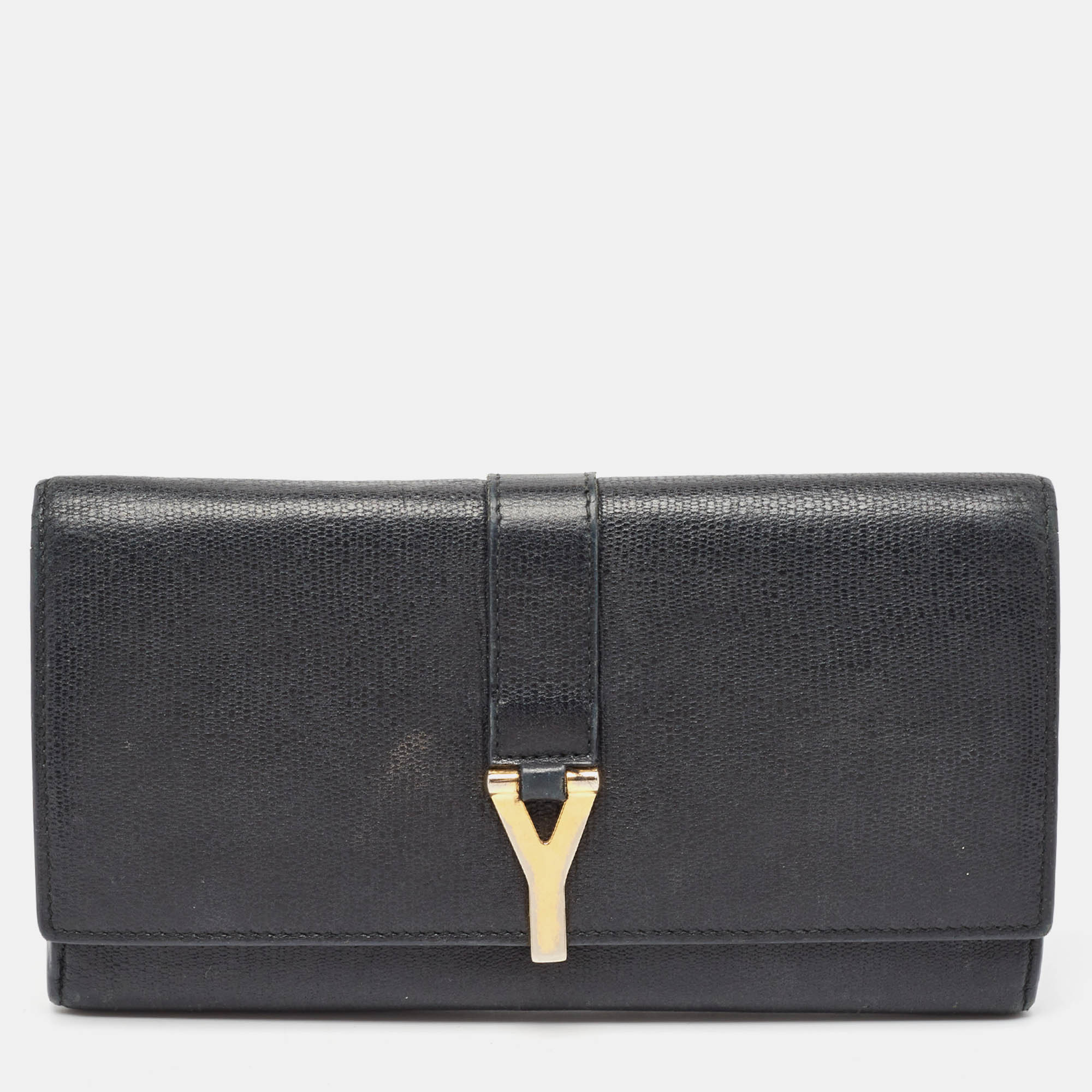 Saint Laurent Black Leather Classic Y Flap Continental Wallet