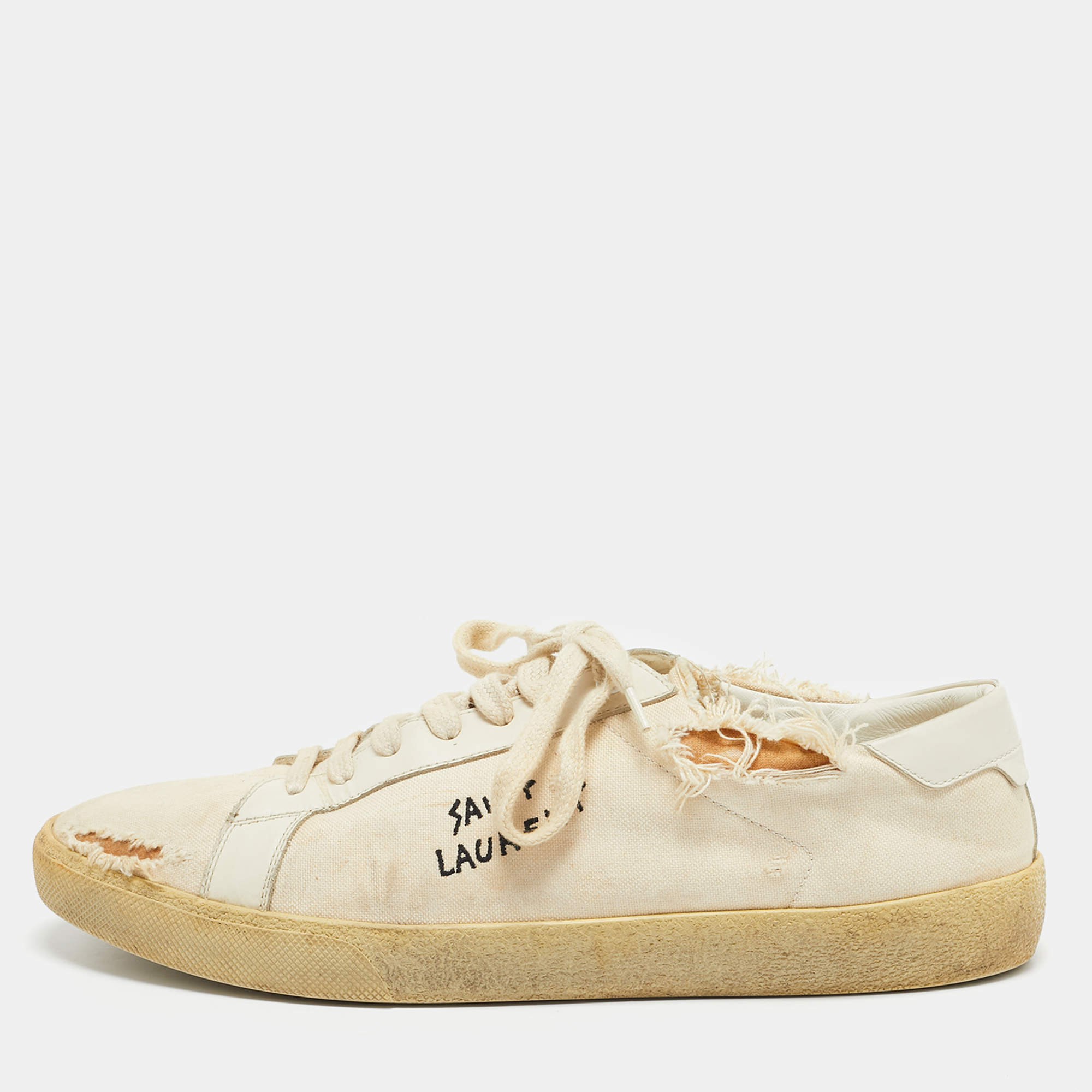 Saint Laurent Off White Distressed Canvas Court Classic Sneakers Size 45
