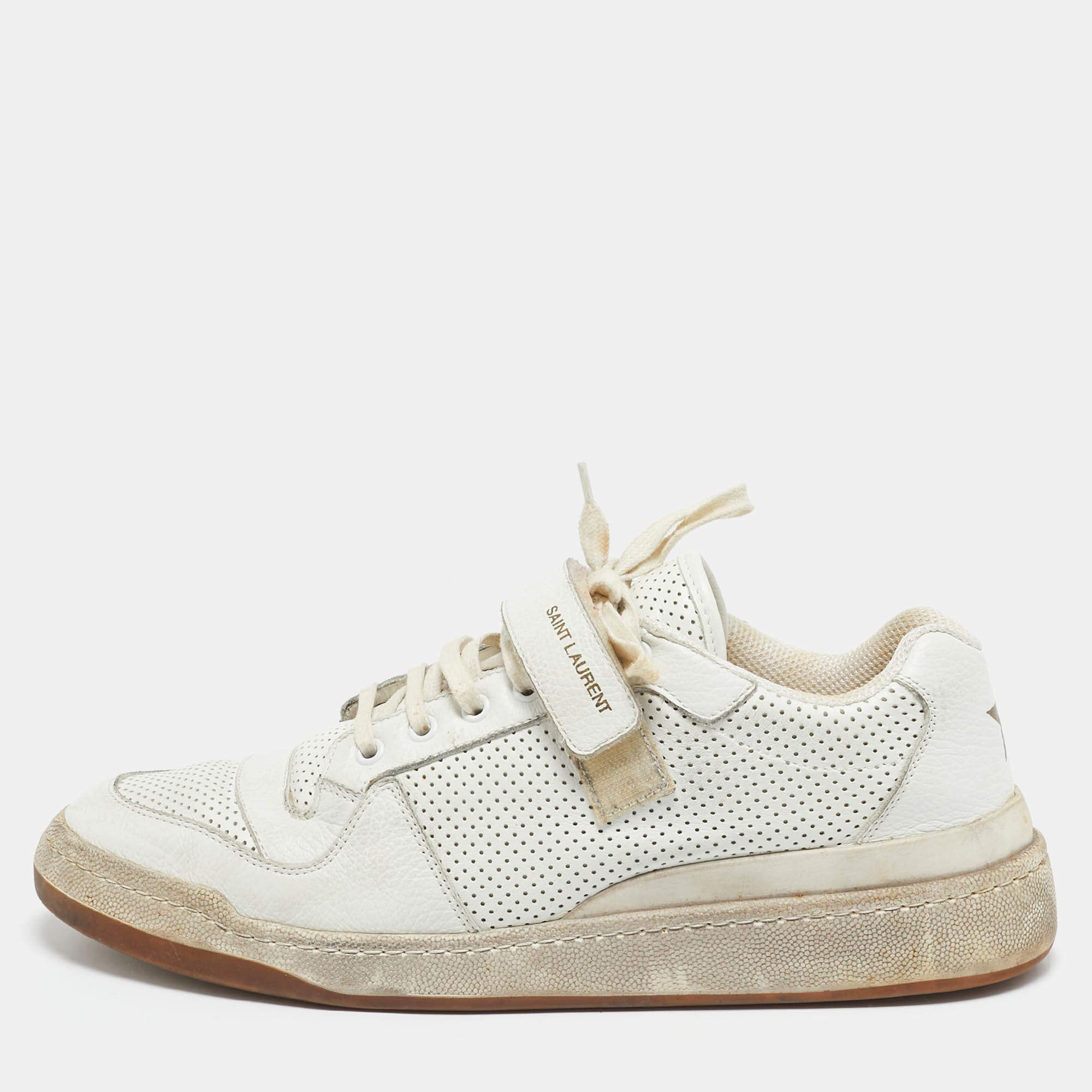 Saint Laurent White Perforated Leather Low Top Sneakers Size 45