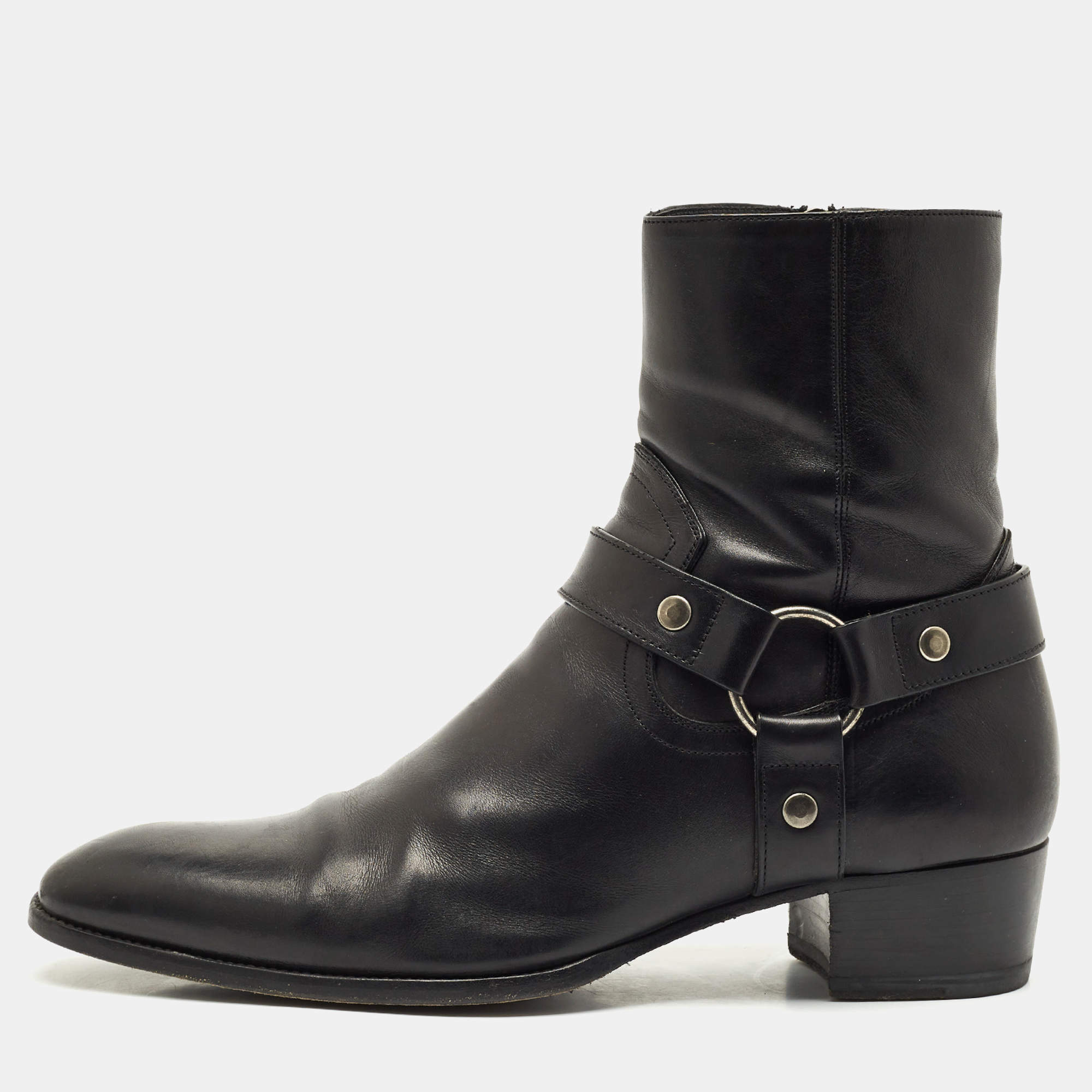 Pre Owned Saint Laurent Black Leather Wyatt Harness Ankle Boots Size 45