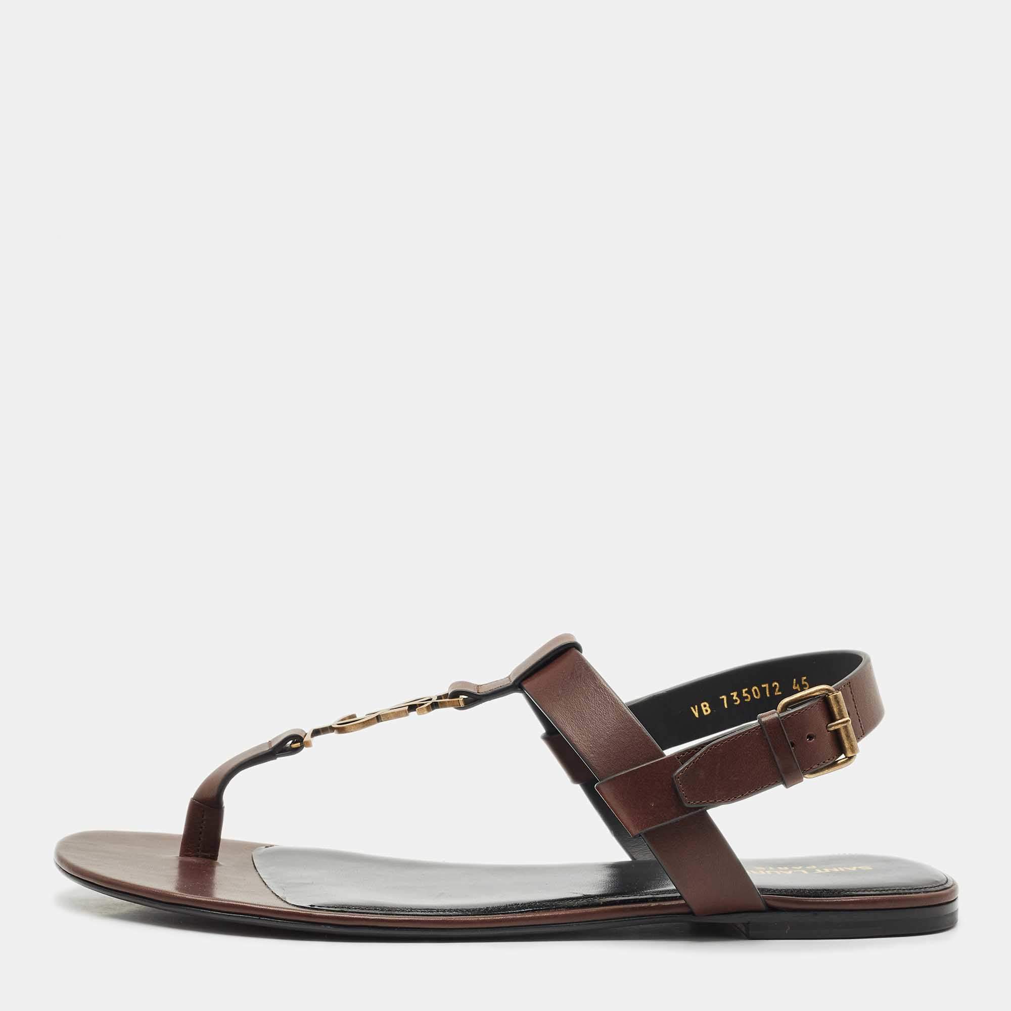 Pre Owned Saint Laurent Brown Leather Cassandre Thong Sandals Size 45