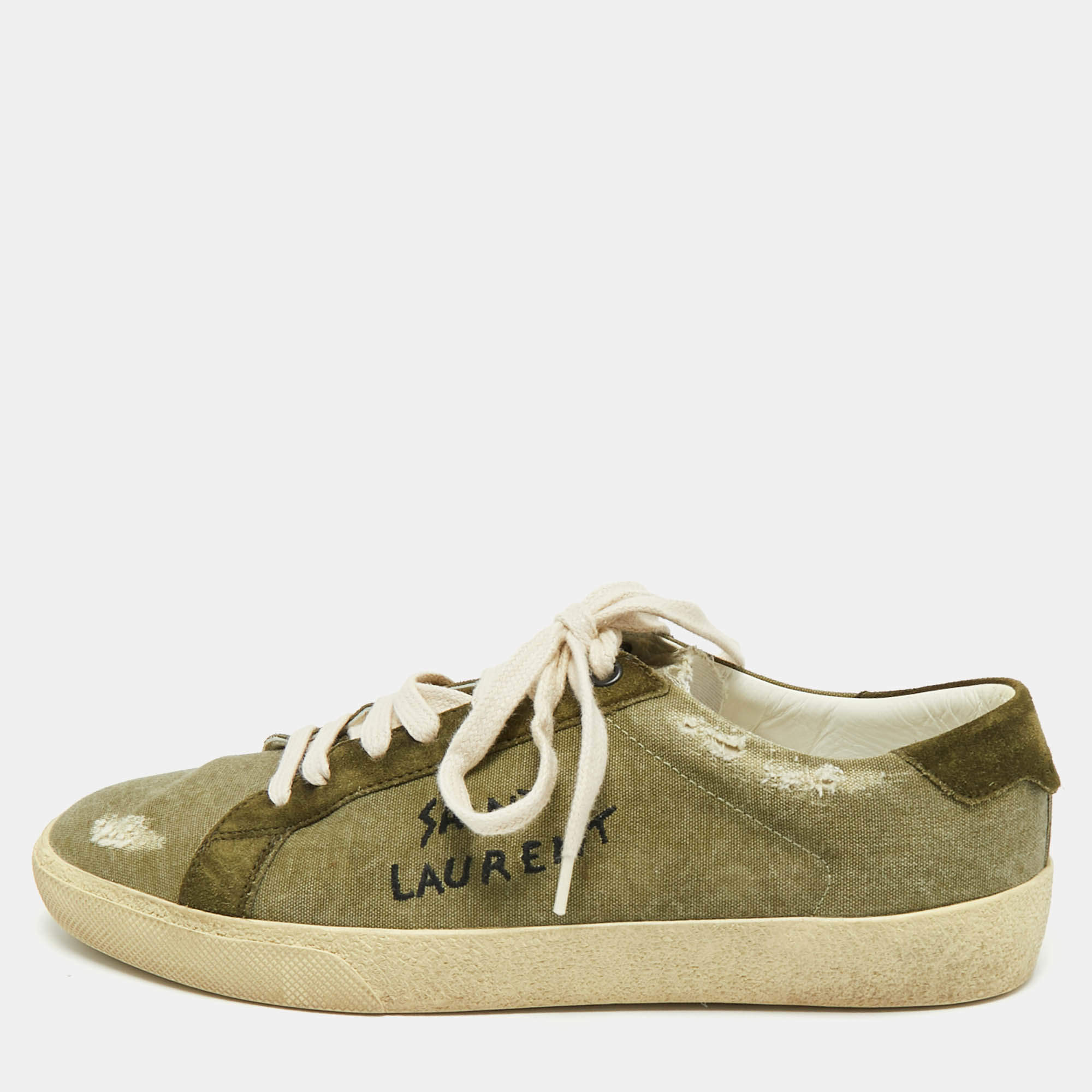 Saint Laurent Green Suede and Canvas Lace Up Sneakers Size 40