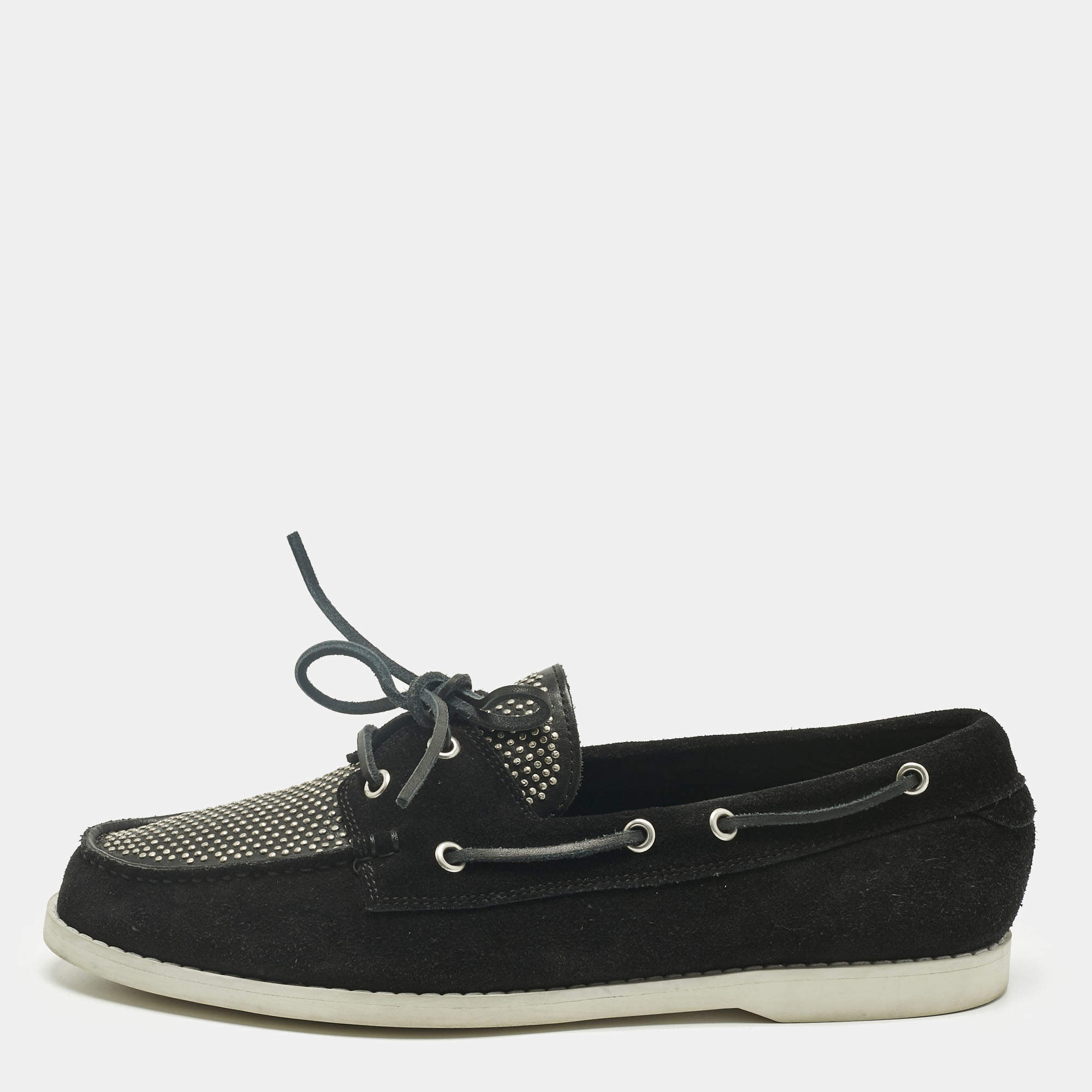 Pre Owned Saint Laurent Black Leather and Suede Studded Deck Loafers Size 43