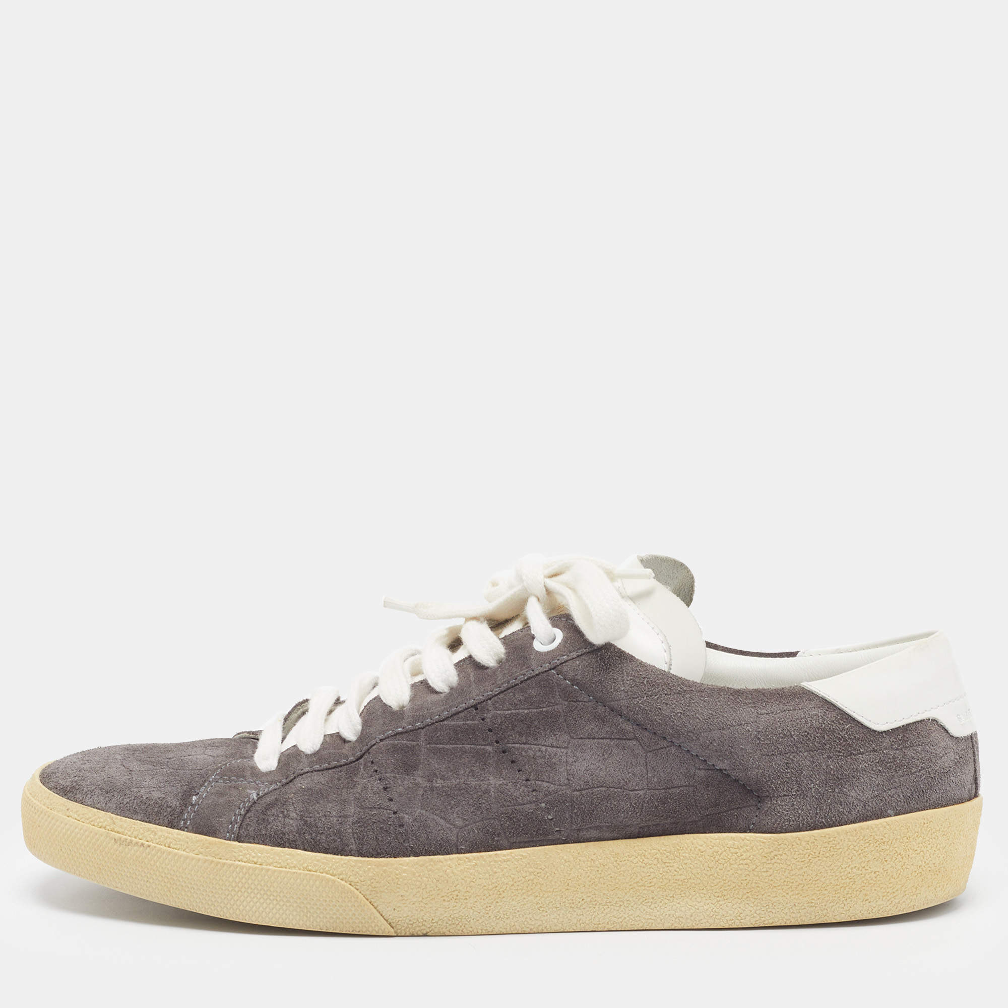 Pre Owned Saint Laurent Court Classic SL/06 Size 43.5 Grey/White Leather and Suede Lace Up Sneakers