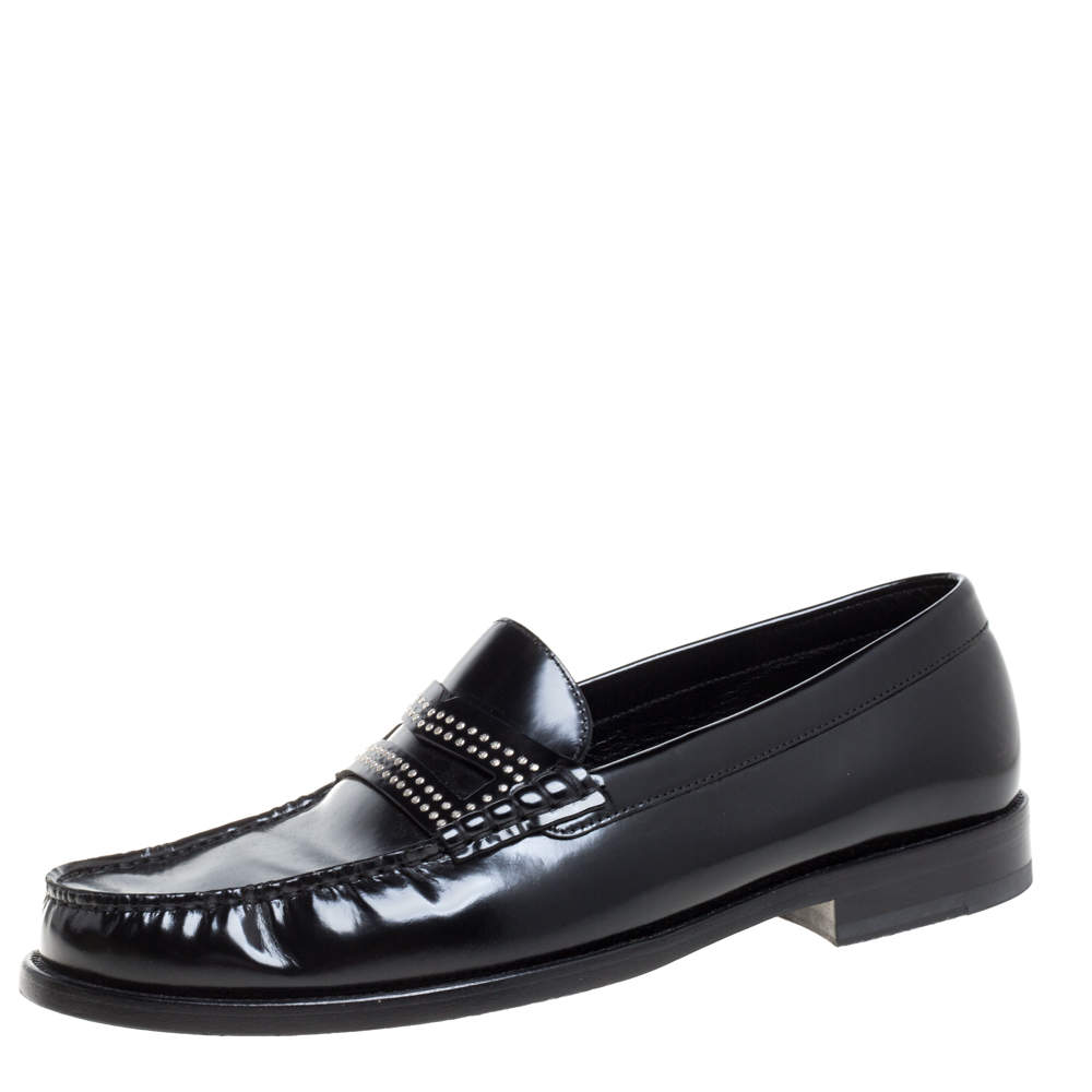 Saint Laurent Black Patent Leather Studded Penny Loafers Size 42