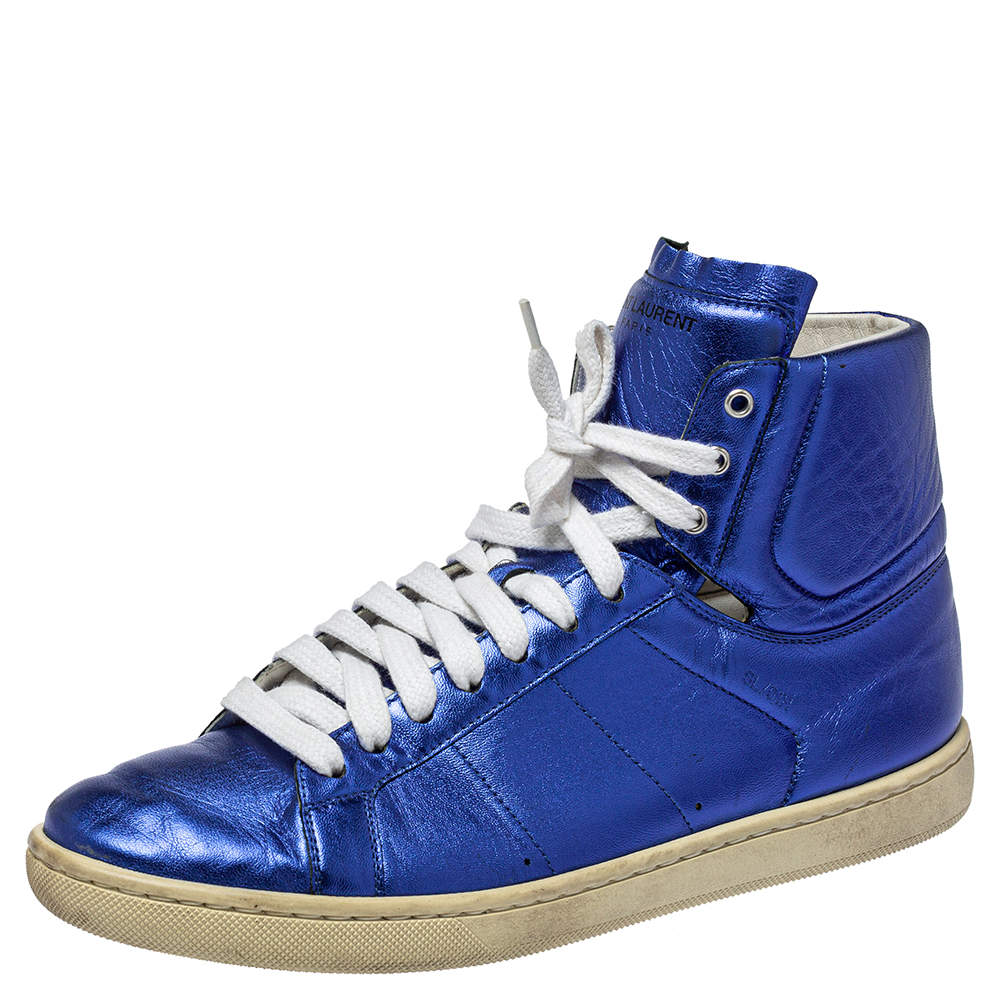Pre Owned Saint Laurent Metallic Blue Classic Court High Top Sneakers Size 38