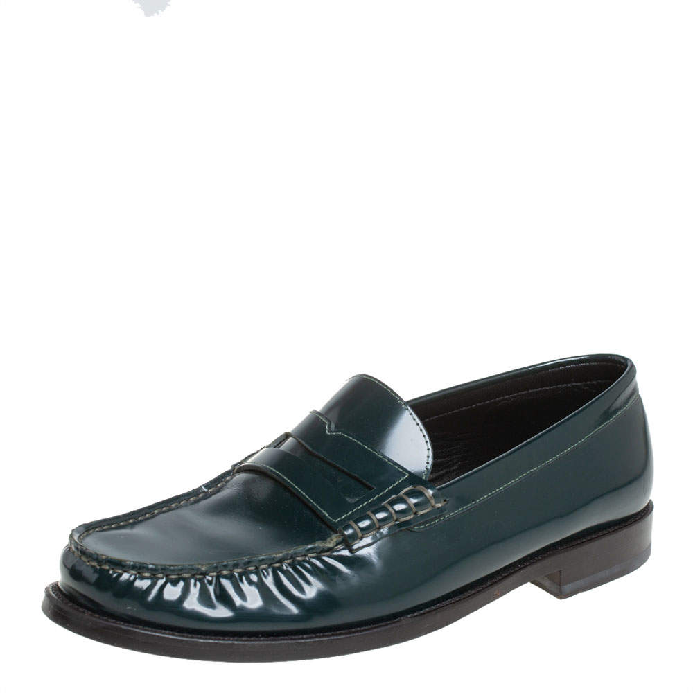 Saint Laurent Green Leather Penny Slip On Loafers Size 42
