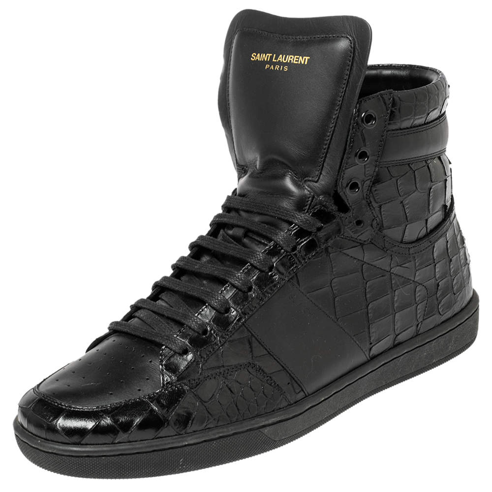 Saint Laurent Black Croc Embossed Leather High-Top Sneakers Size 42.5