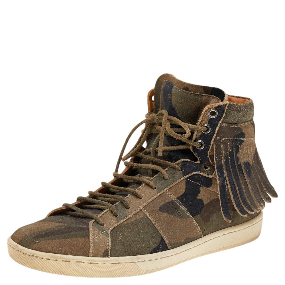 Saint Laurent Camouflage Suede Signature Court Classic SL/18H High Top Fringe Sneakers Size 41