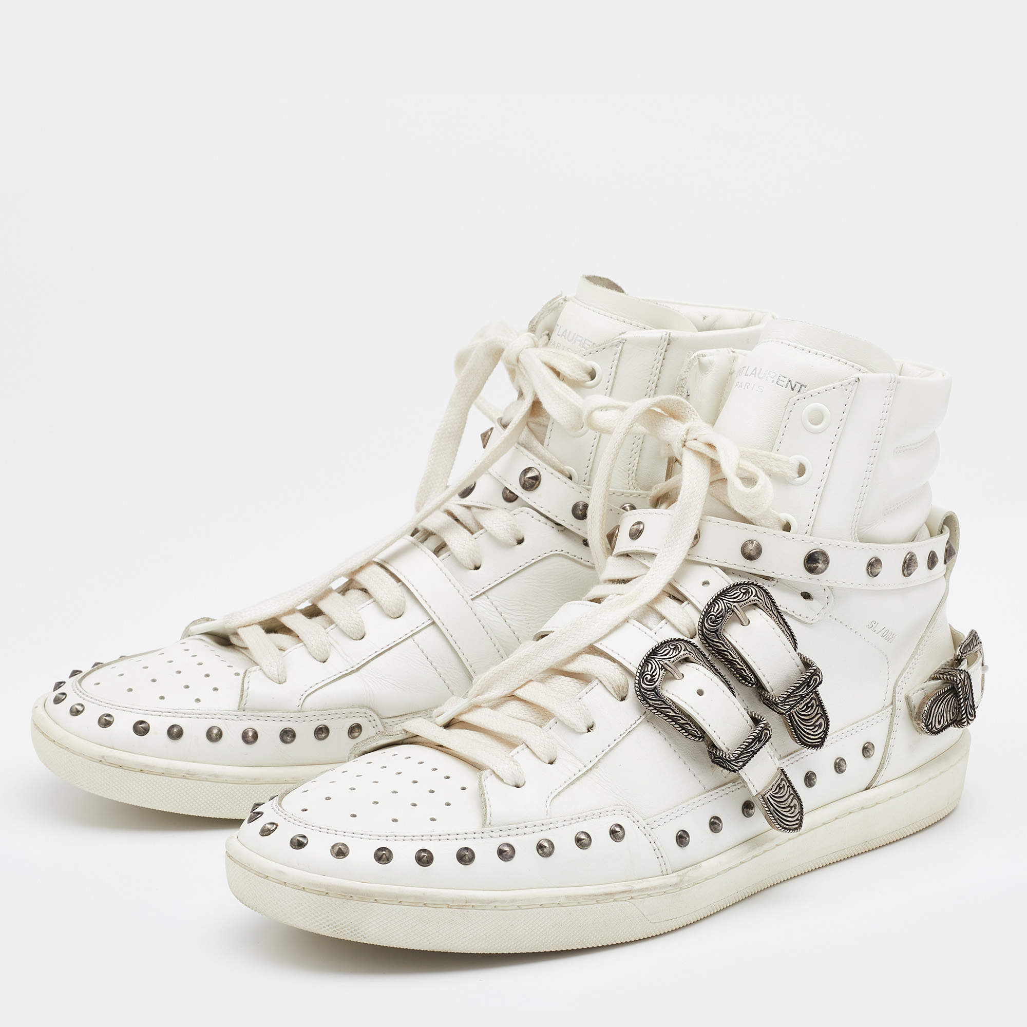 Saint Laurent White Leather Studded High Top Sneakers Size 44