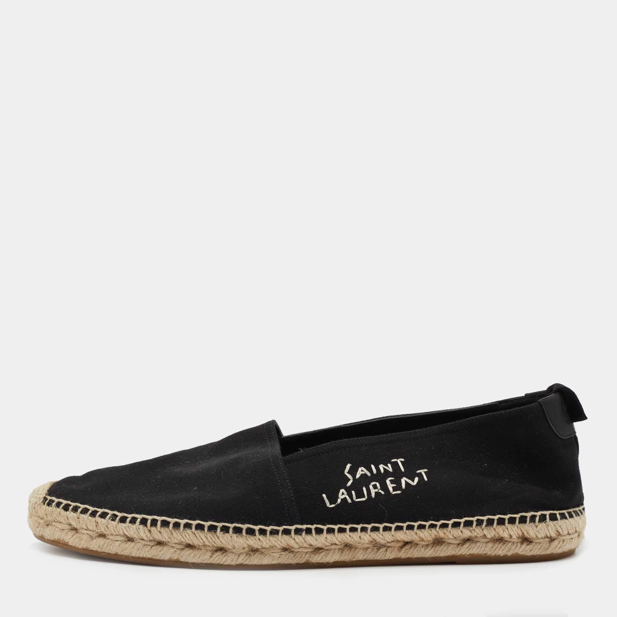 Saint Laurent Black Canvas Embroidered Logo Slip On Espadrilles Size 44