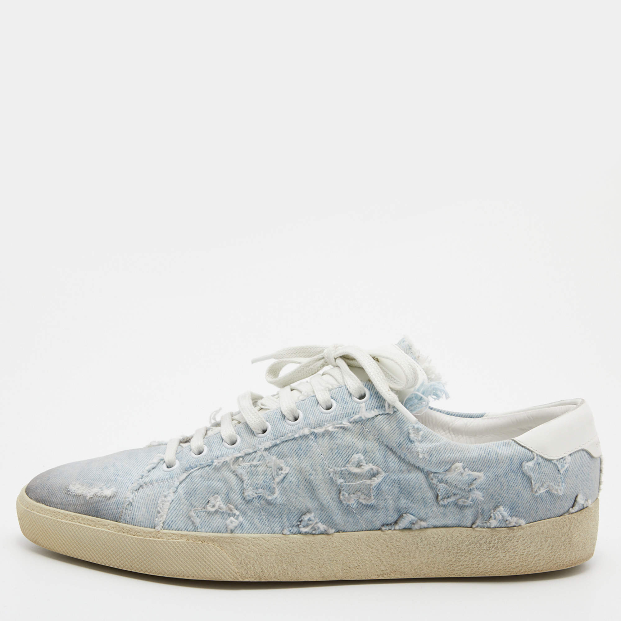 Saint Laurent Blue/White Denim and Leather Star Low Top Sneakers Size 45