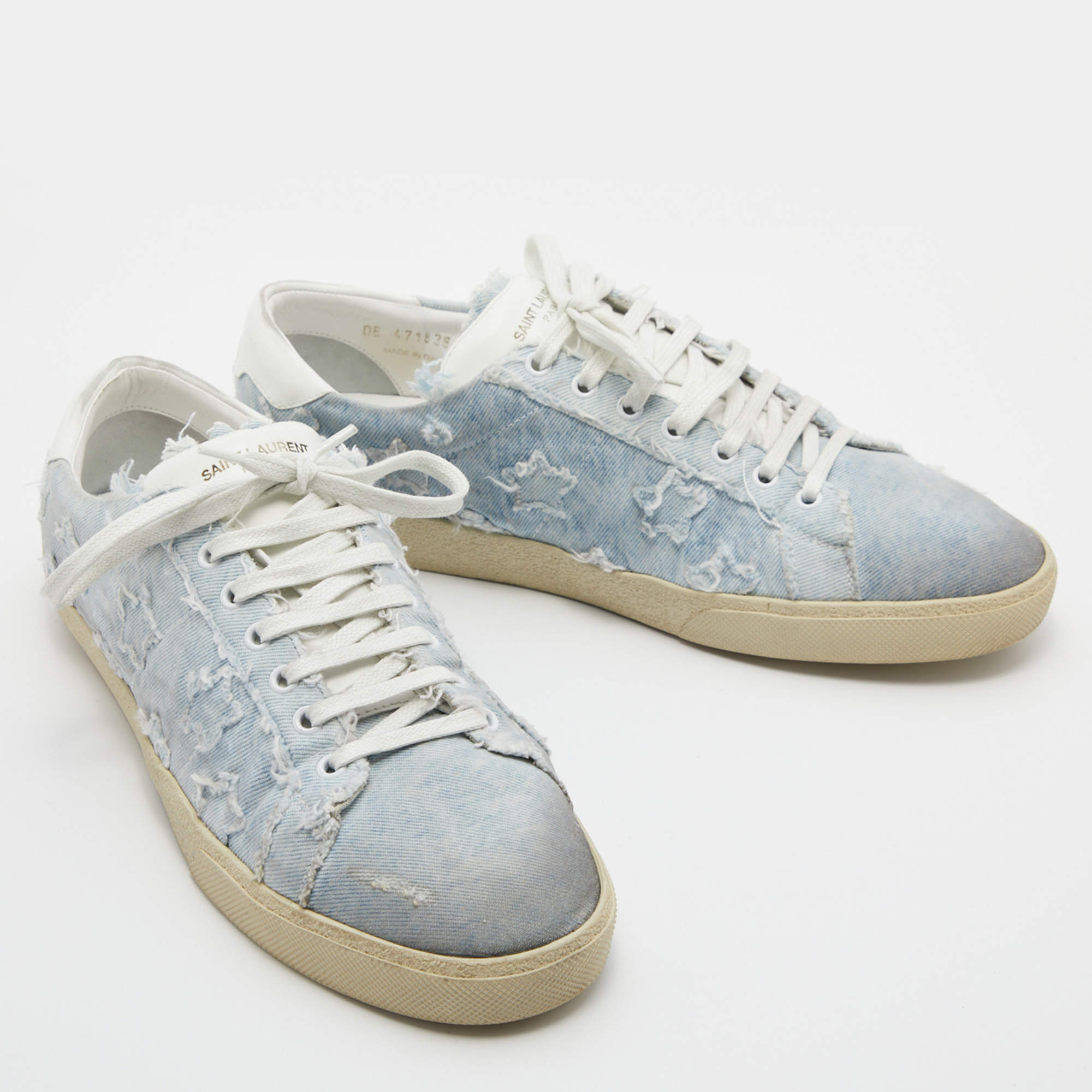 Saint Laurent Blue/White Denim and Leather Star Low Top Sneakers Size 45
