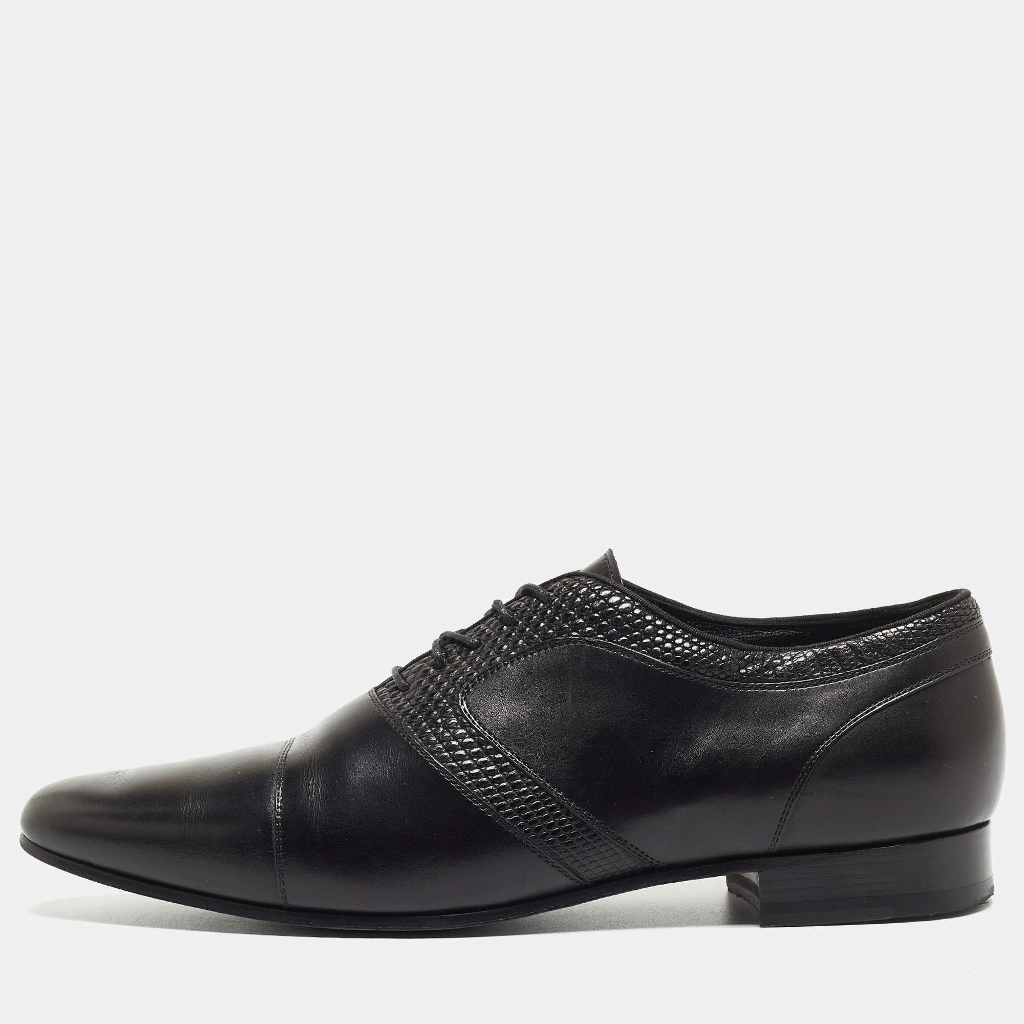 Saint Laurent Black Leather and Embossed Lizard Lace Up Oxfords Size 44