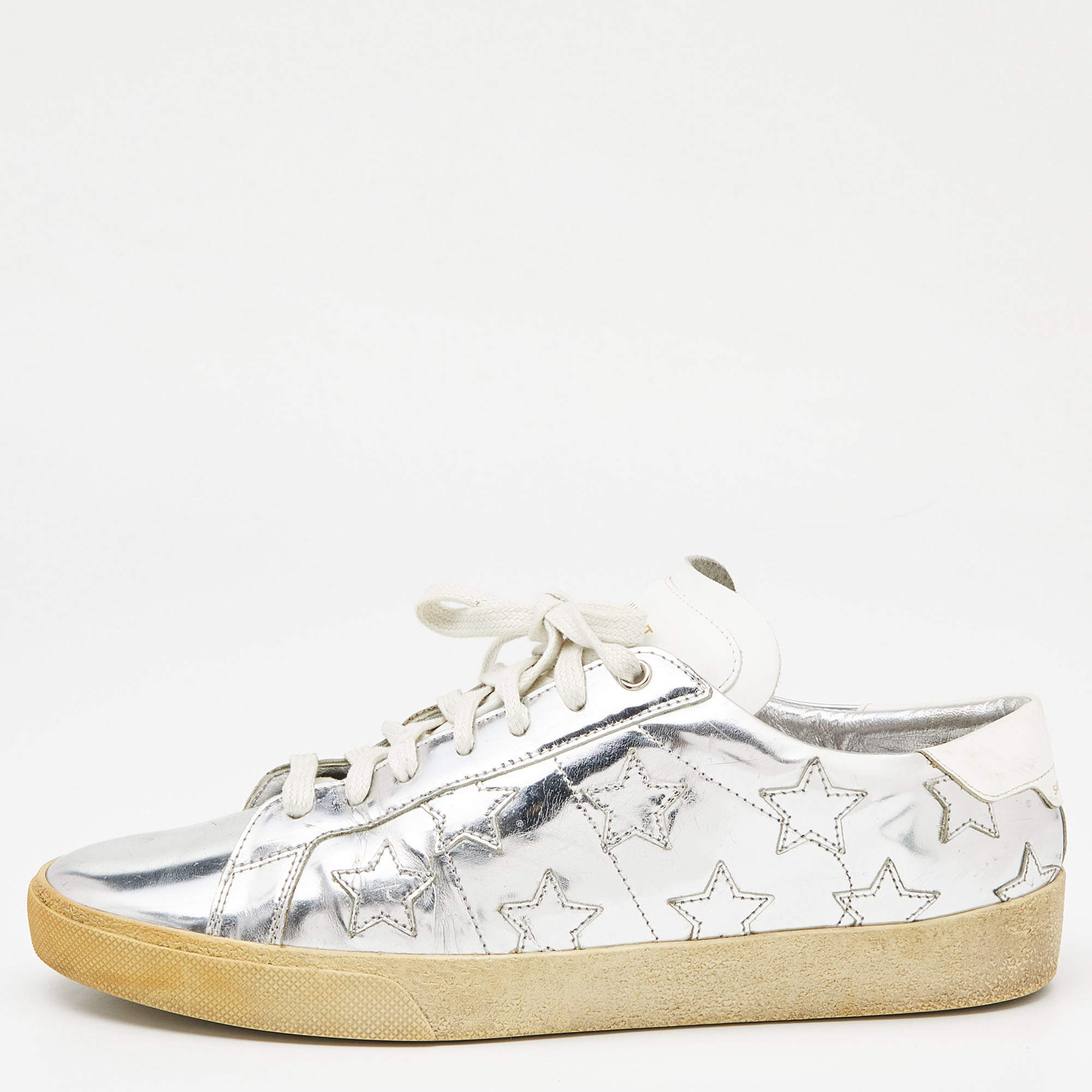 Pre Owned Saint Laurent Silver Leather Low Top Sneakers Size 42