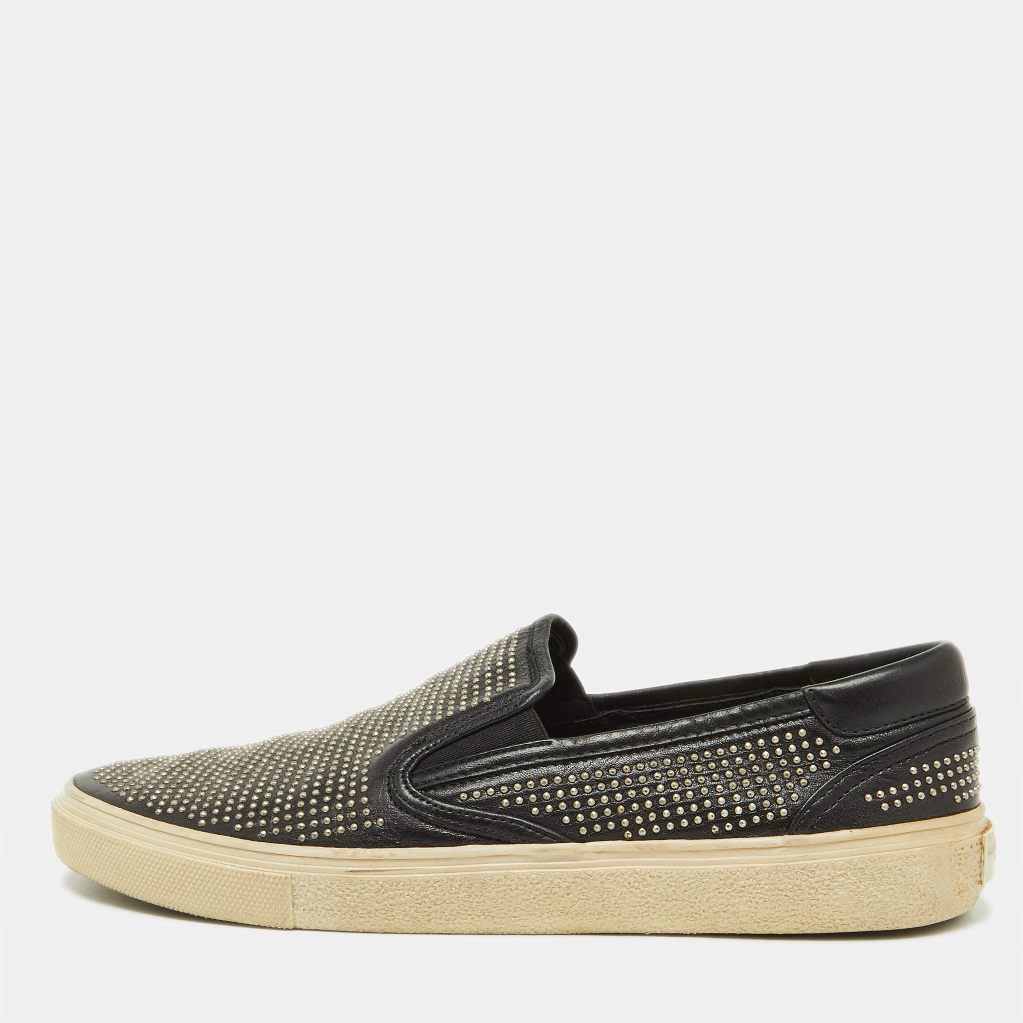 Saint Laurent Black Studded Leather Slip On Sneakers Size 44