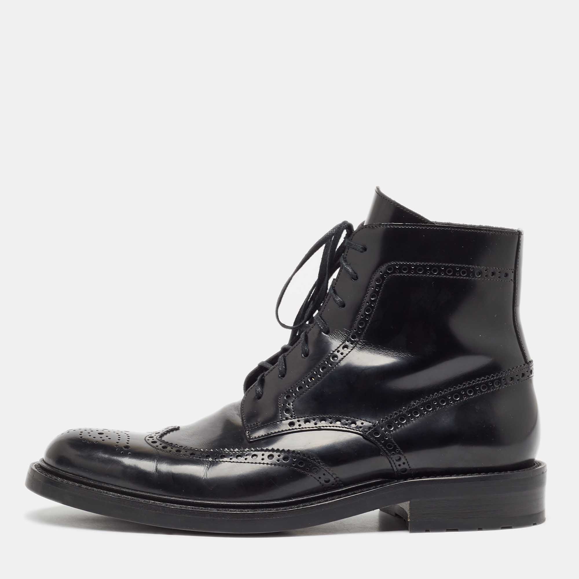 Saint Laurent Black Brogue Leather Ankle Boots Size 44