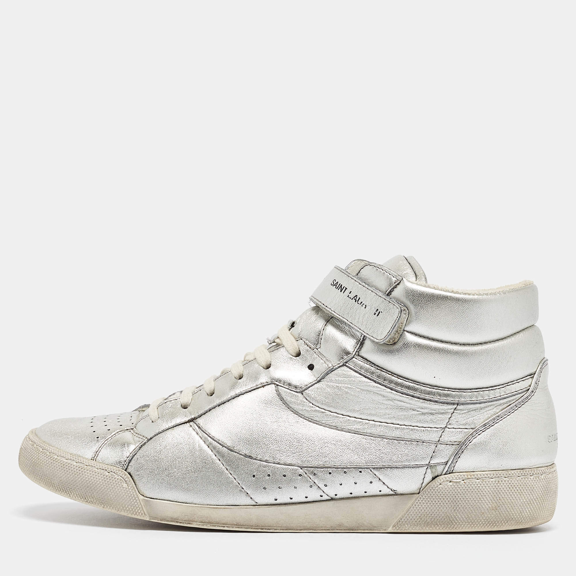 Saint Laurent Silver Foil Leather Perforated High Top Sneakers Size 43.5