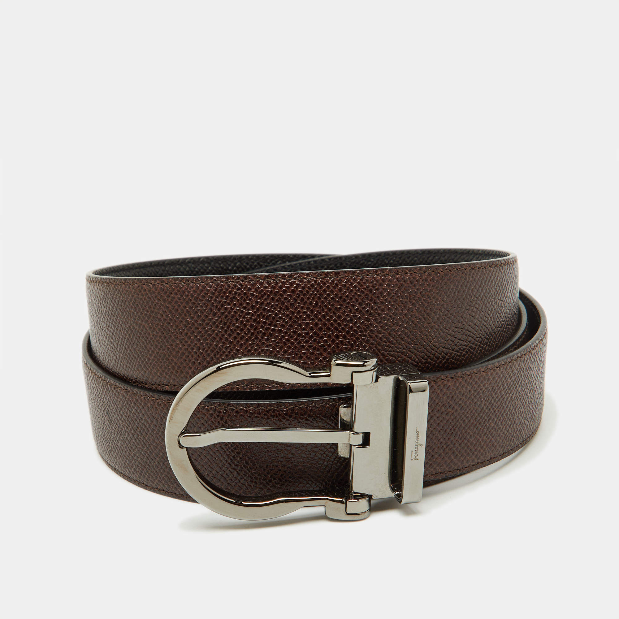 Pre Owned Salvatore Ferragamo Brown/Black Leather Cut to Size Reversible Gancini Buckle Belt