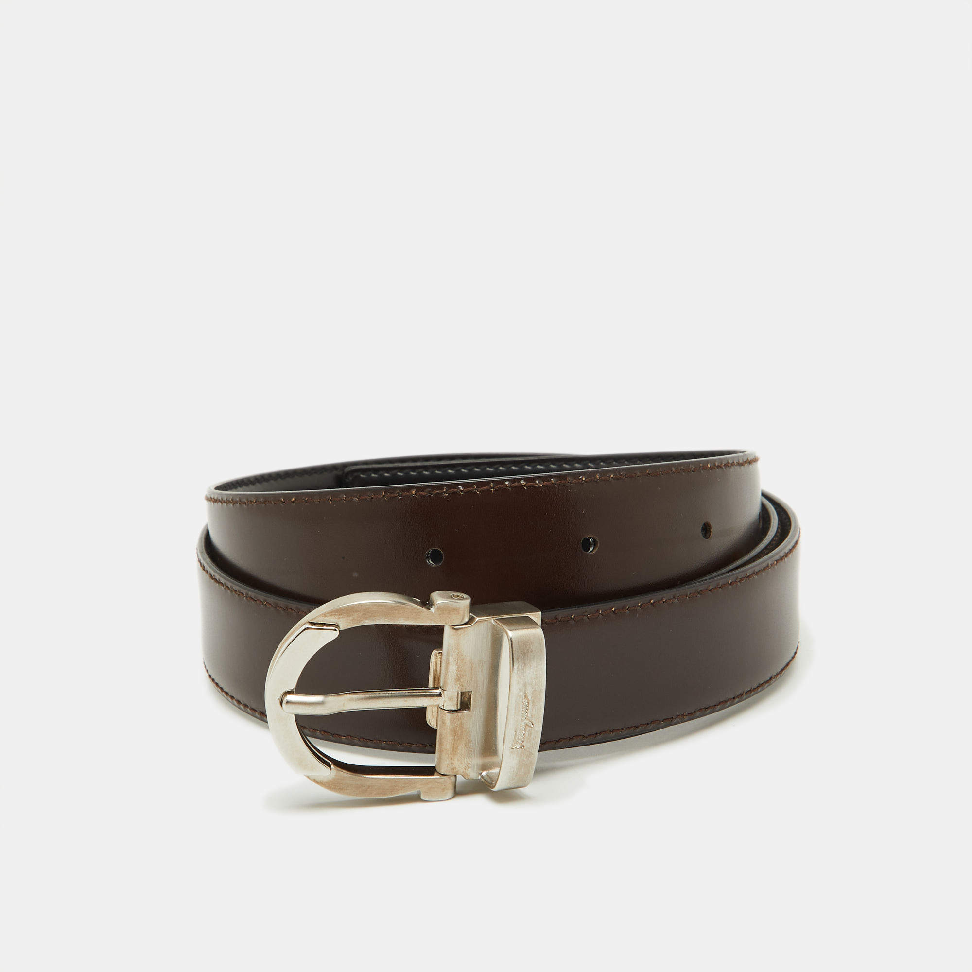 Salvatore Ferragamo Black/Brown Leather Cut to Size Reversible Gancini Buckle Belt