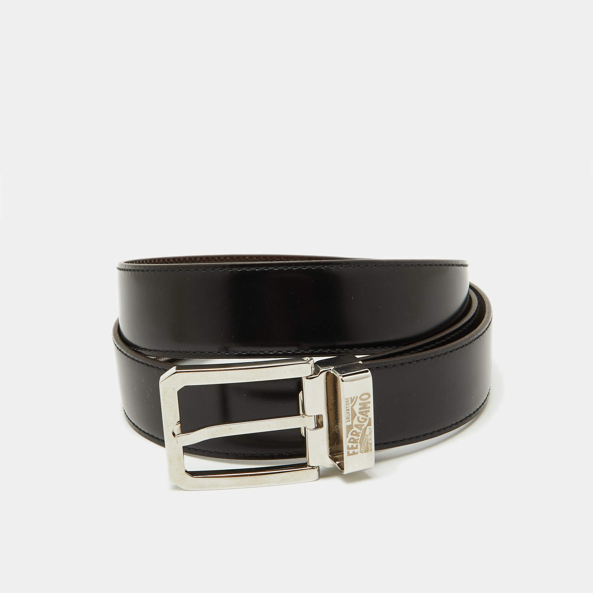 Pre Owned Salvatore Ferragamo Black/Brown Leather Cut to Size Reversible Buckle Belt