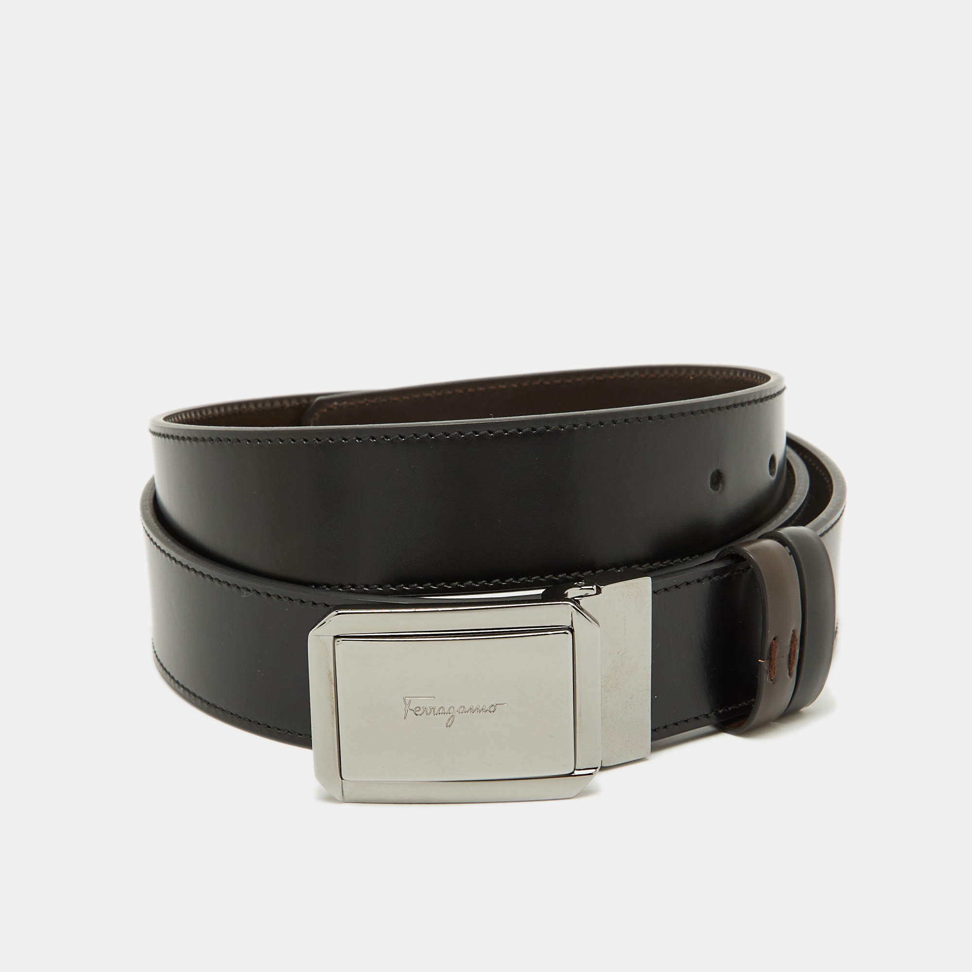 Pre Owned Salvatore Ferragamo Black/Brown Leather Cut to Size Buckle Belt
