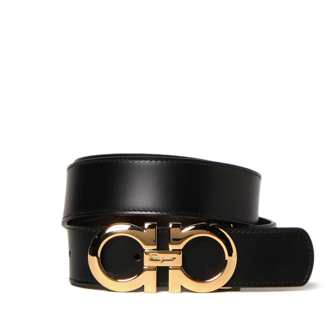 Salvatore Ferragamo Black Leather Gold Tone Buckle Gancini
