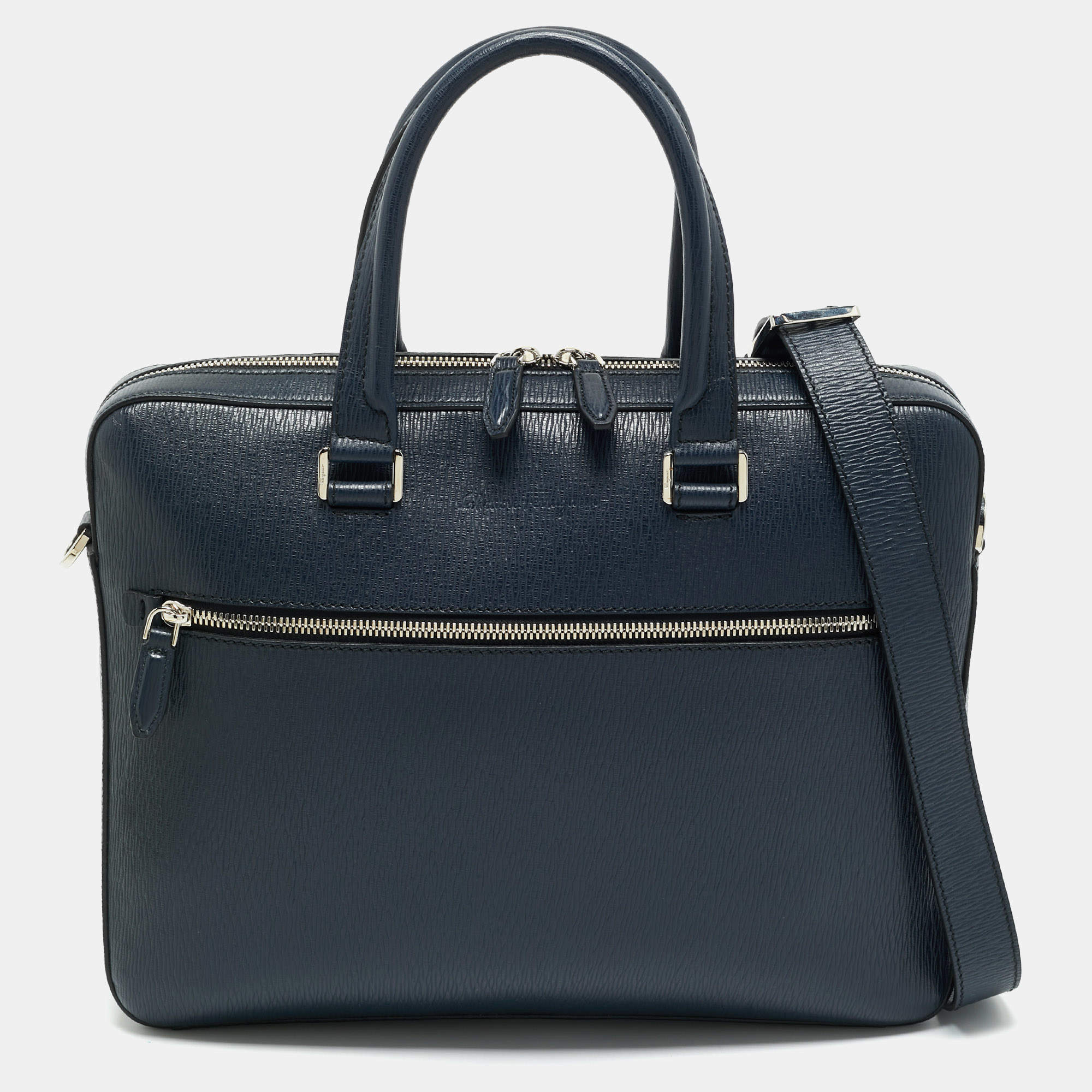 Pre Owned Salvatore Ferragamo Navy Blue Leather Zip Briefcase Bag