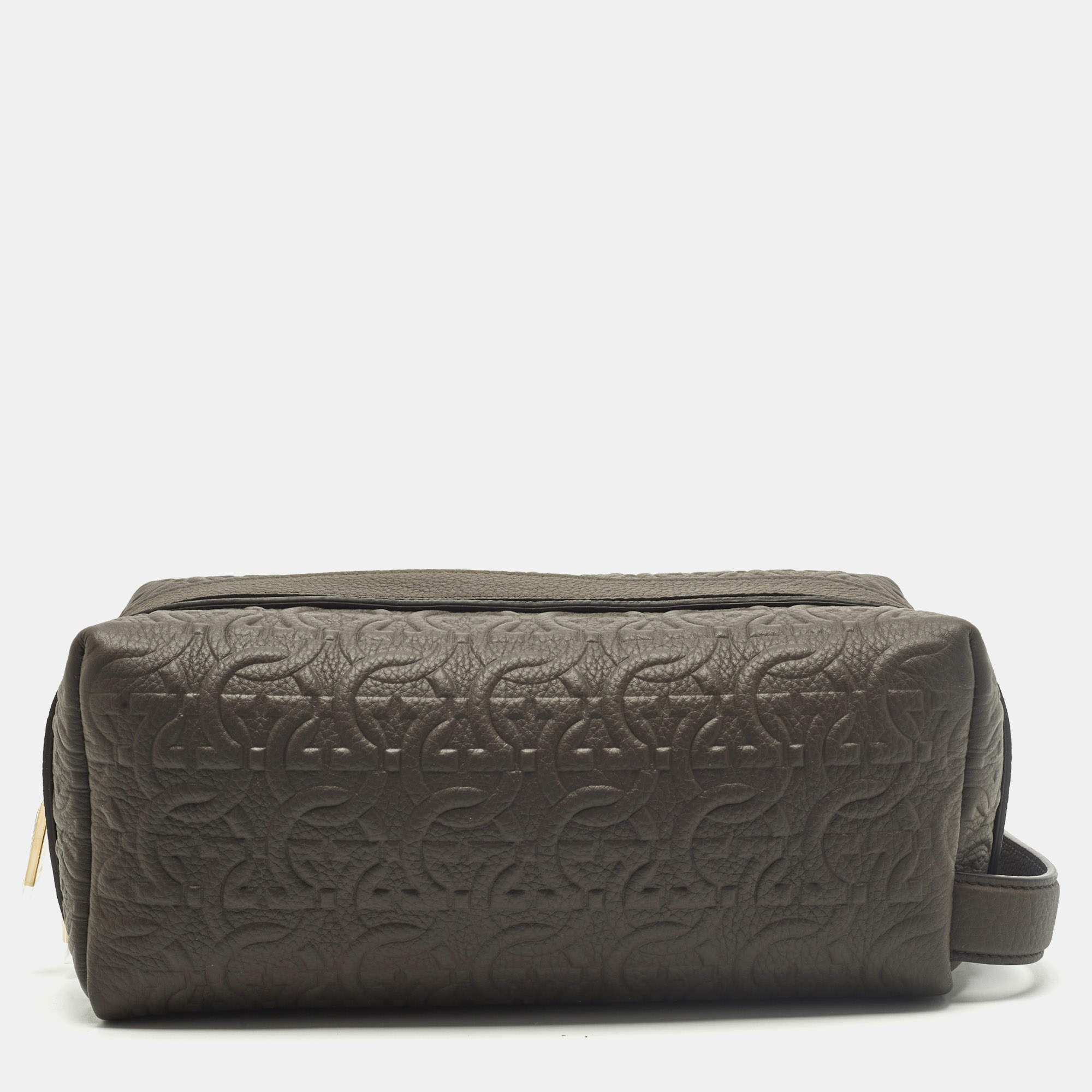 مملوكة مسبقًا Salvatore Ferragamo Choco Brown Gancini Embossed Leather Toiletry Pouch