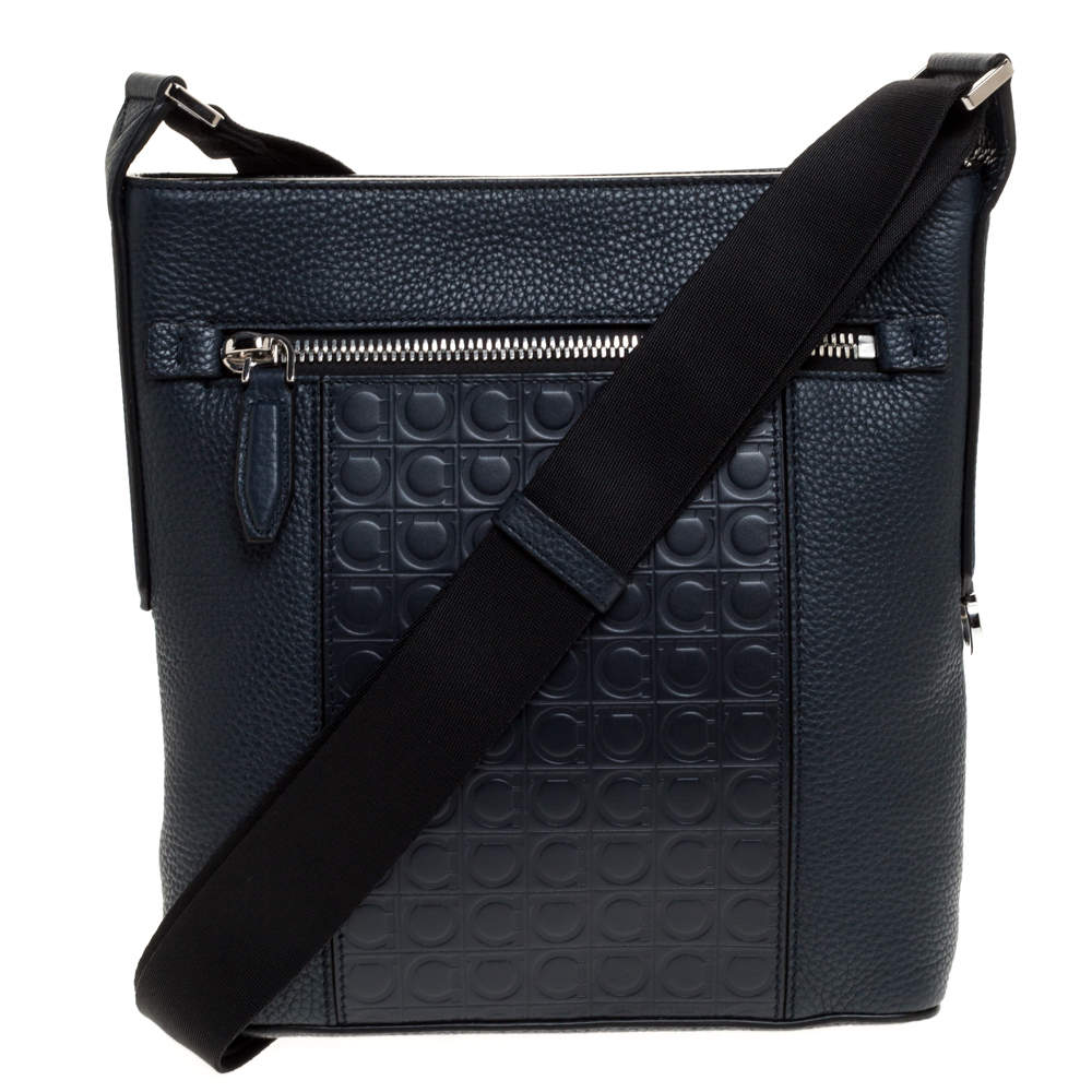 Salvatore Ferragamo Navy Blue Gancio Embossed Leather Messenger Bag