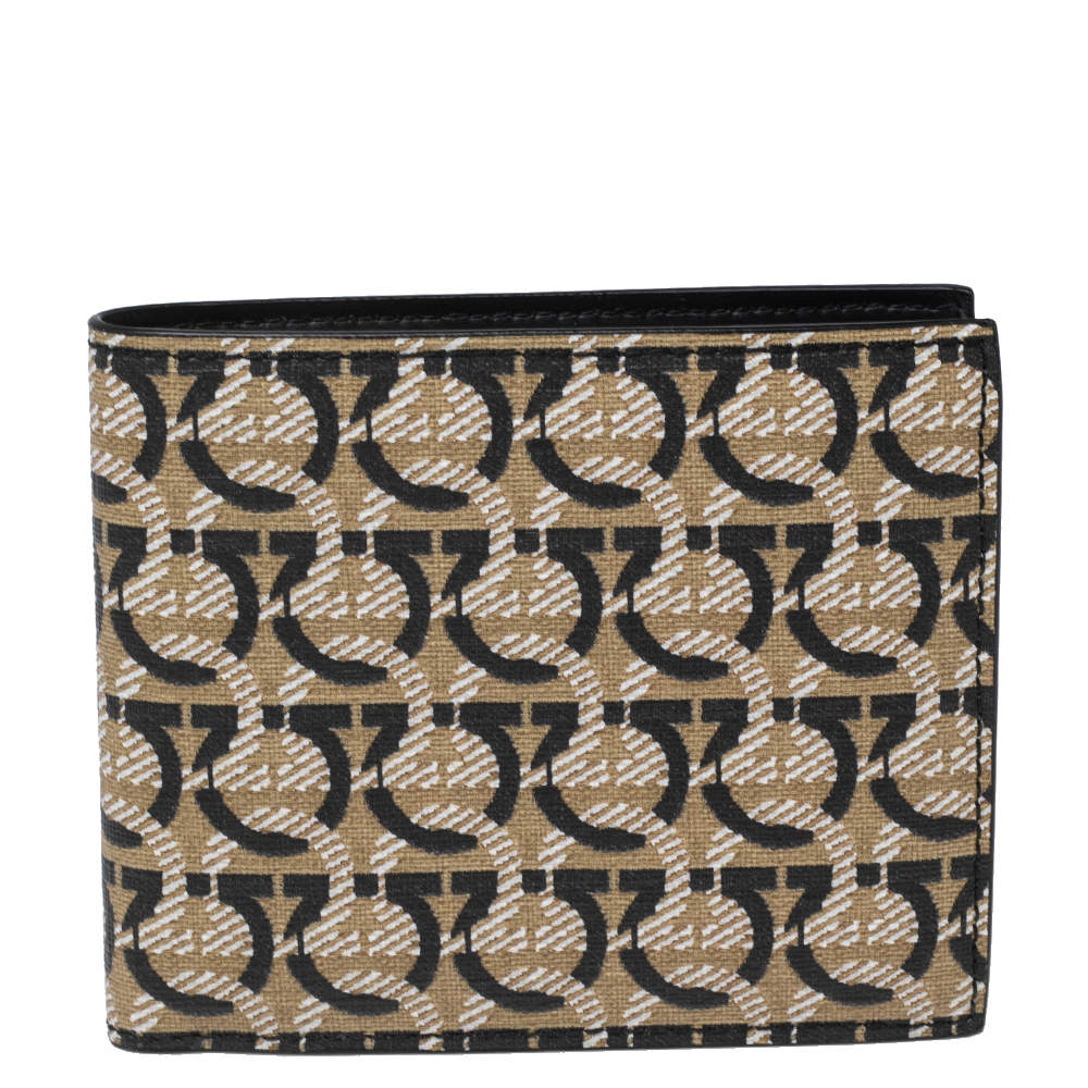 Salvatore Ferragamo Beige/Black Gancini Print Canvas Bifold Wallet