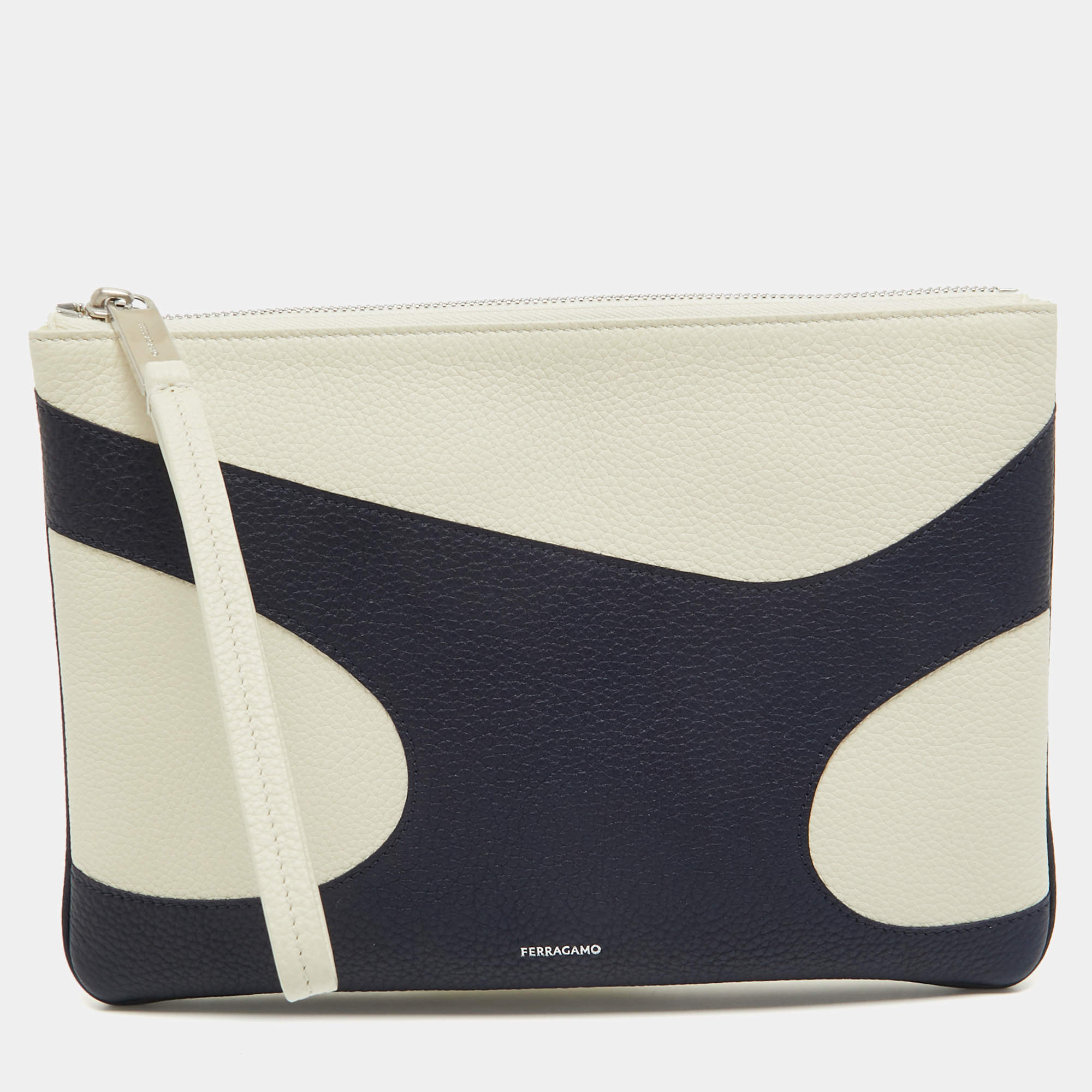 Salvatore Ferragamo Blue/Off White Leather Wristlet Pouch