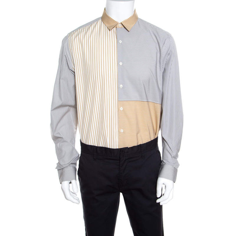 Pre Owned Salvatore Ferragamo Grey and Mustard Multi Stripe Paneled Cotton Shirt XL