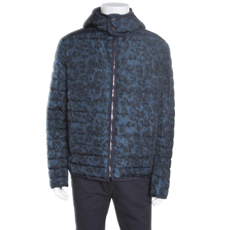 Pre Owned Salvatore Ferragamo Blue Camo Print Hooded Zip Front Quilted Down Jacket XL