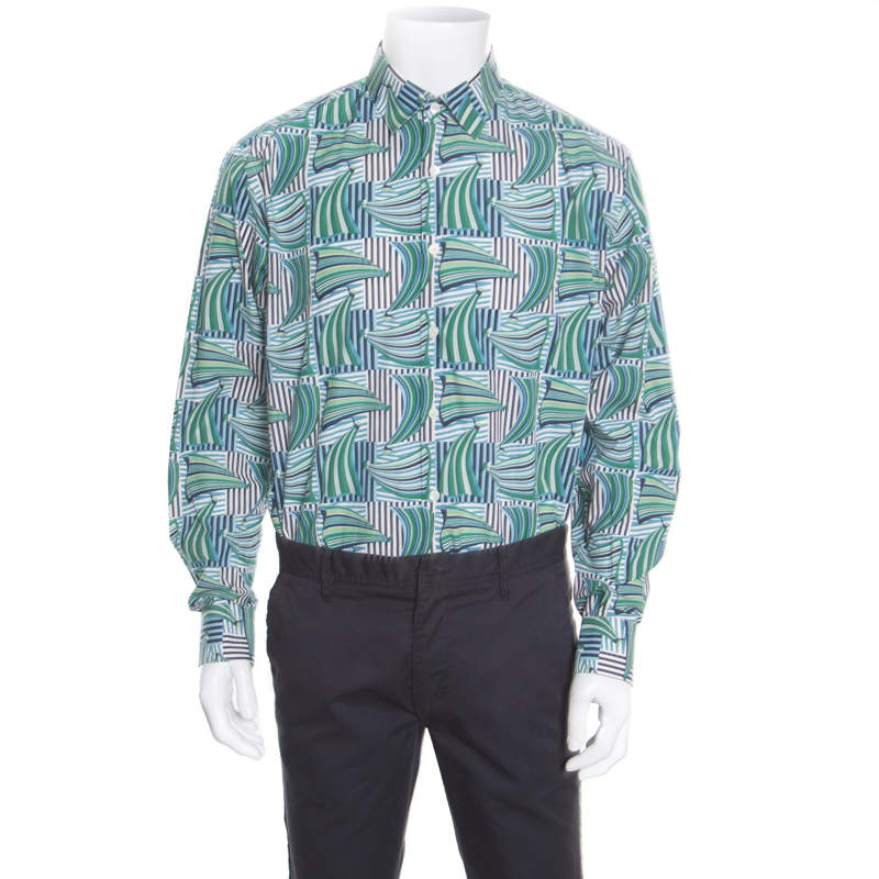 Pre Owned Salvatore Ferragamo Blue and Green Sailboat Printed Cotton Long Sleeve Shirt XL
