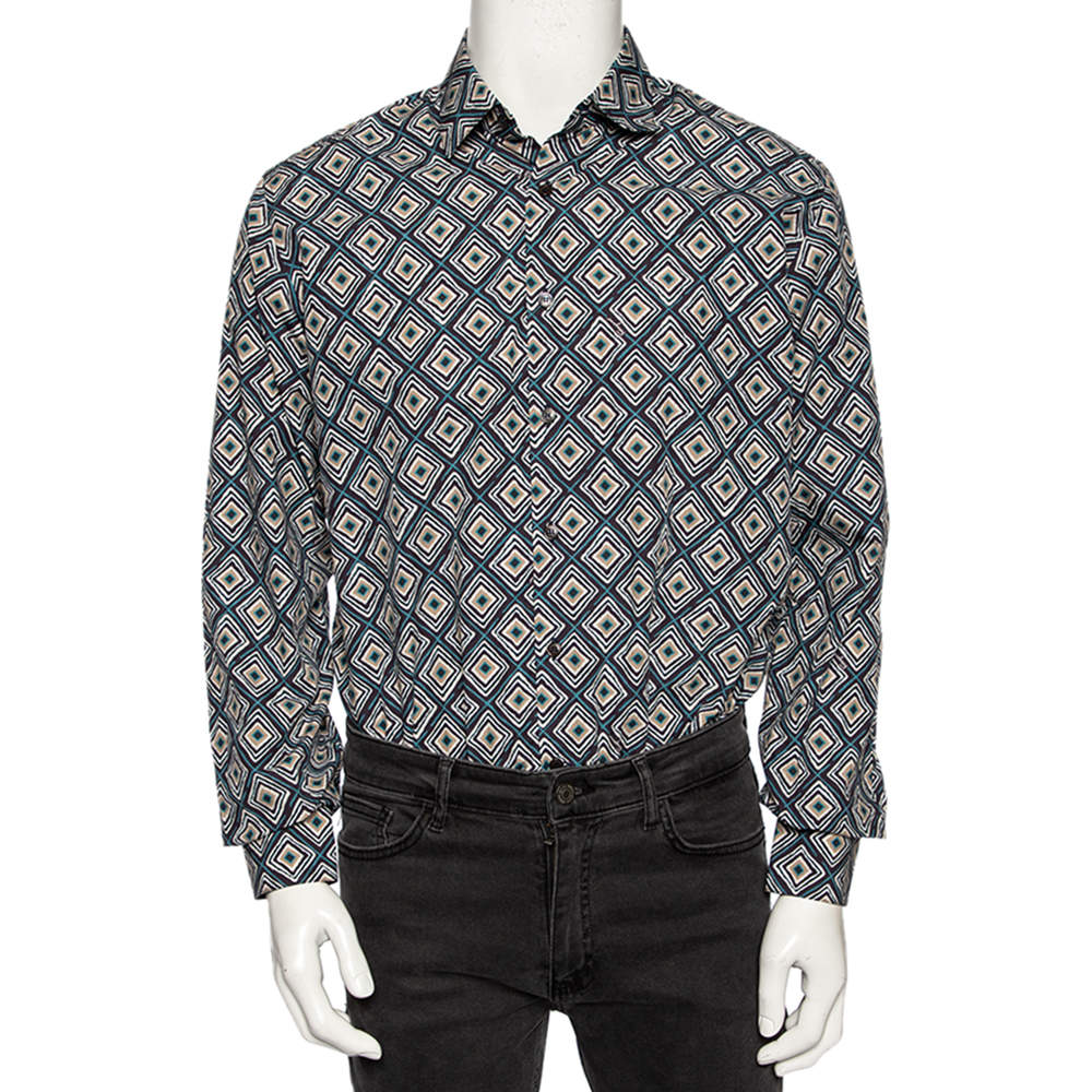 Salvatore Ferragamo Multicolored Geometric Printed Cotton Button Front Shirt L 