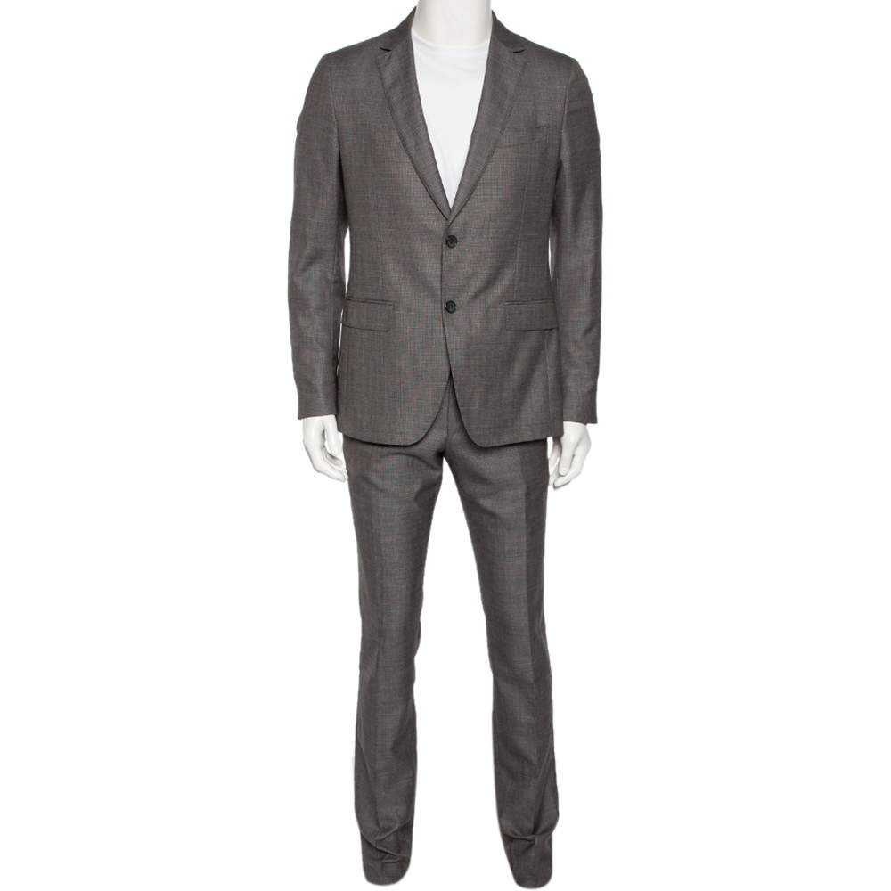 Pre Owned Salvatore Ferragamo Grey Micro Checked Wool Single Breasted Suit M
