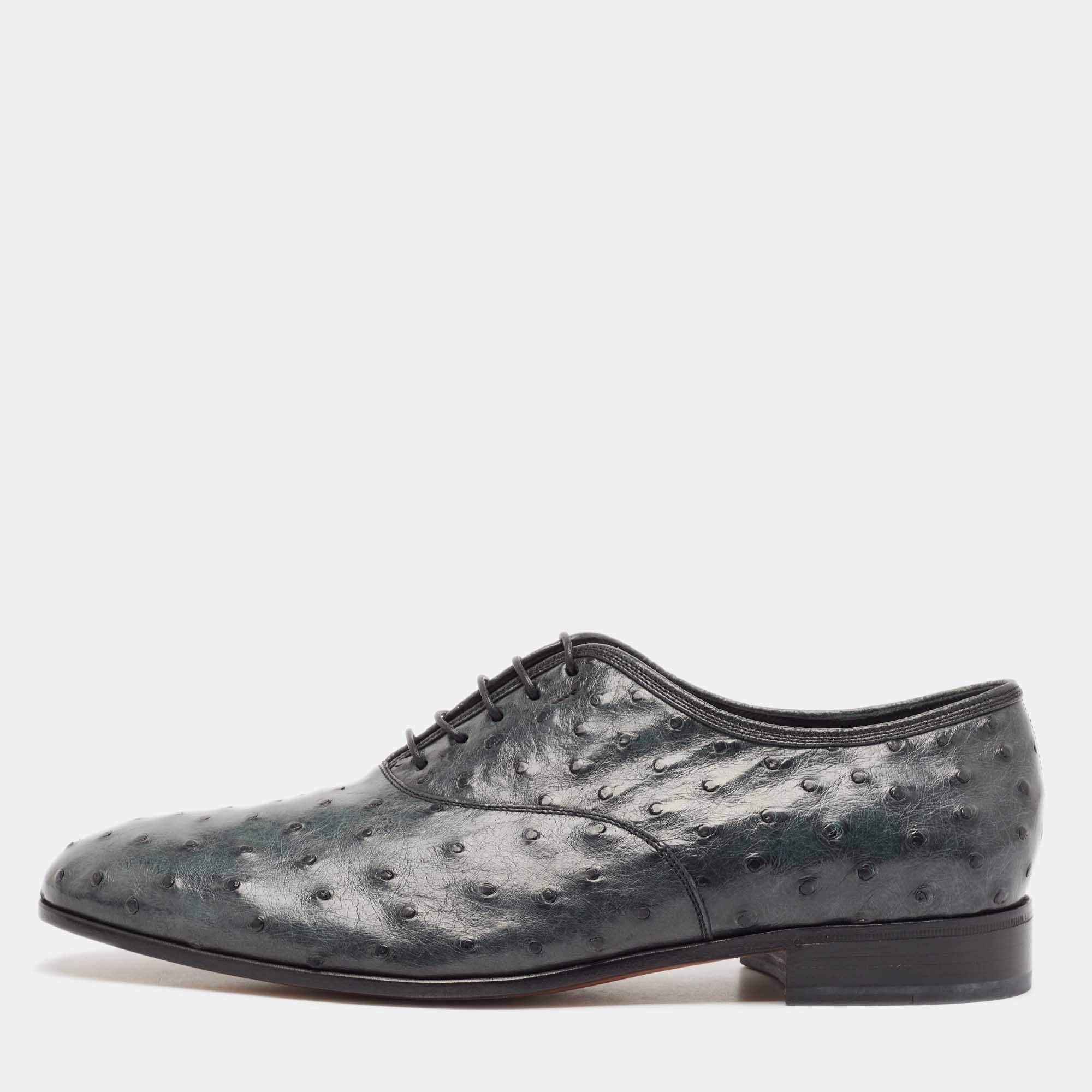 Salvatore Ferragamo Grey Ostrich Leather Gris Oxfords Size 41.5