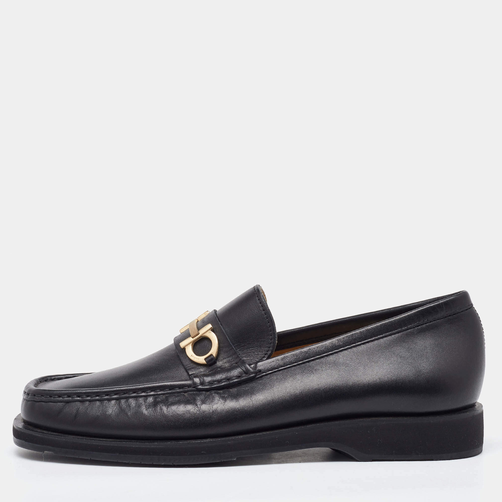 Pre Owned Salvatore Ferragamo Black Leather Gancini Slip On Loafers Size 41.5