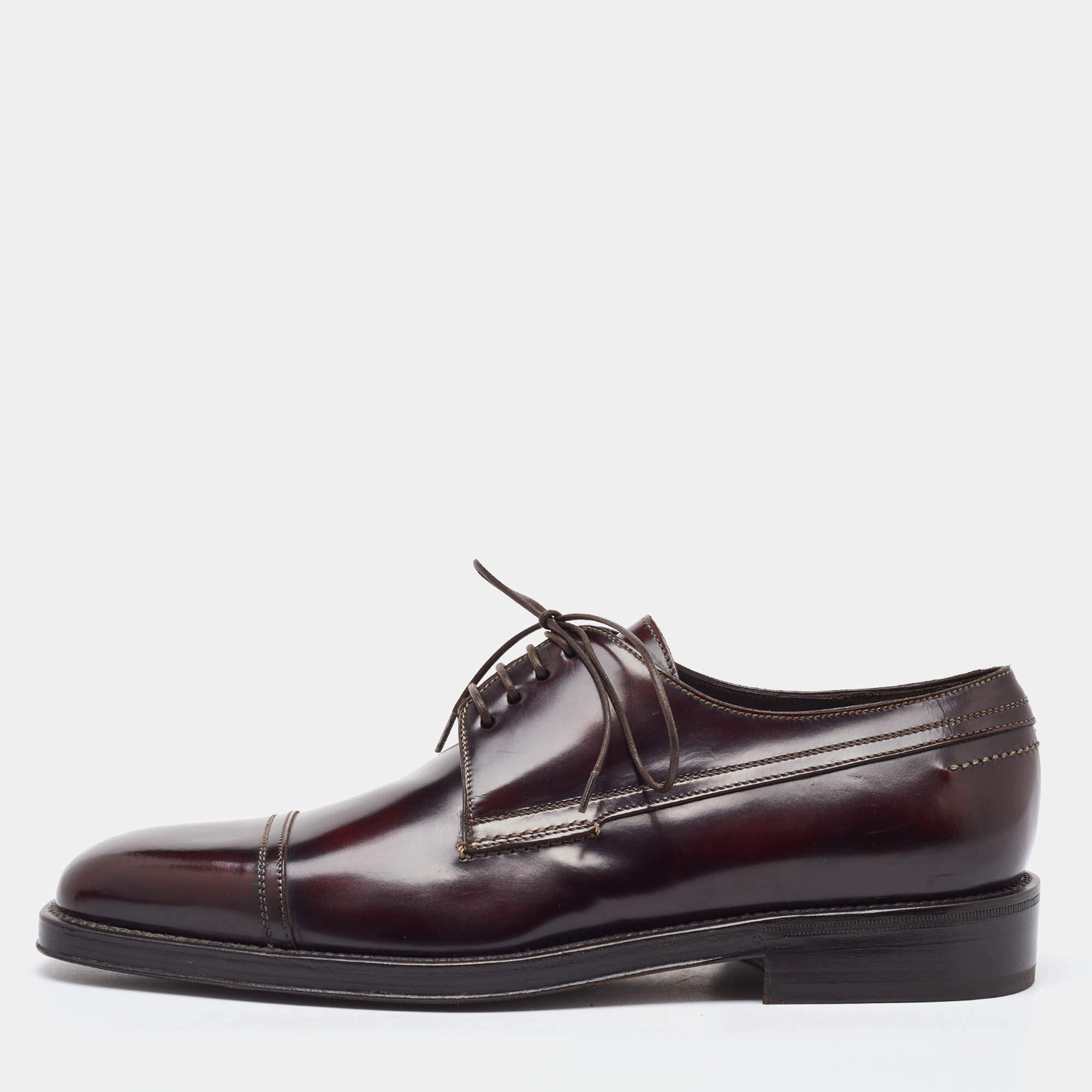 Pre Owned Salvatore Ferragamo Dark Burgundy Leather Lace Up Derby Size 41.5